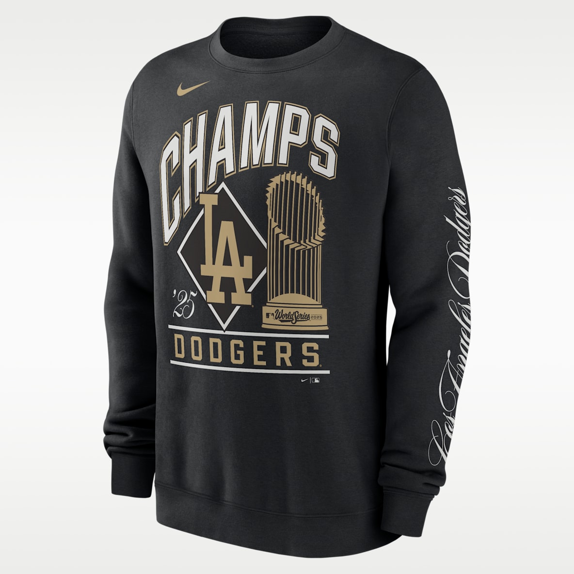 Los Angeles Dodgers 2025 World Series Champion Gold Series Sudadera de cuello redondo sin cierre Nike de la MLB para hombre