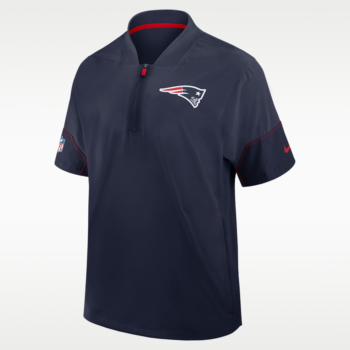 New England Patriots Sideline Coach Chamarra de manga corta Nike de la NFL con gorro de medio cierre para hombre