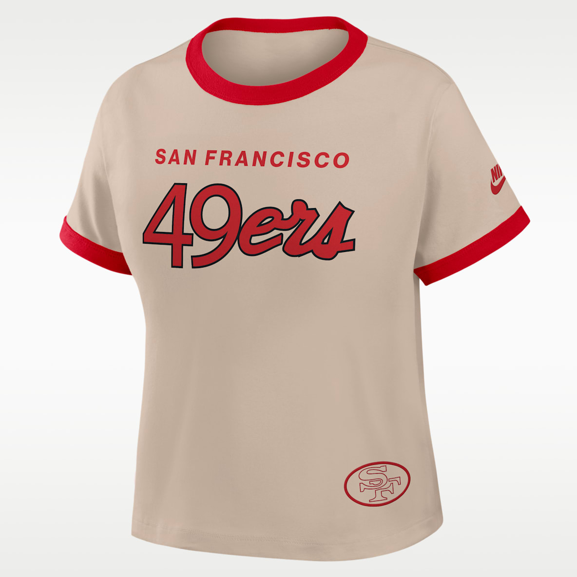 San Francisco 49ers Rewind Ringer Mod Playera Nike de la NFL cropped para mujer