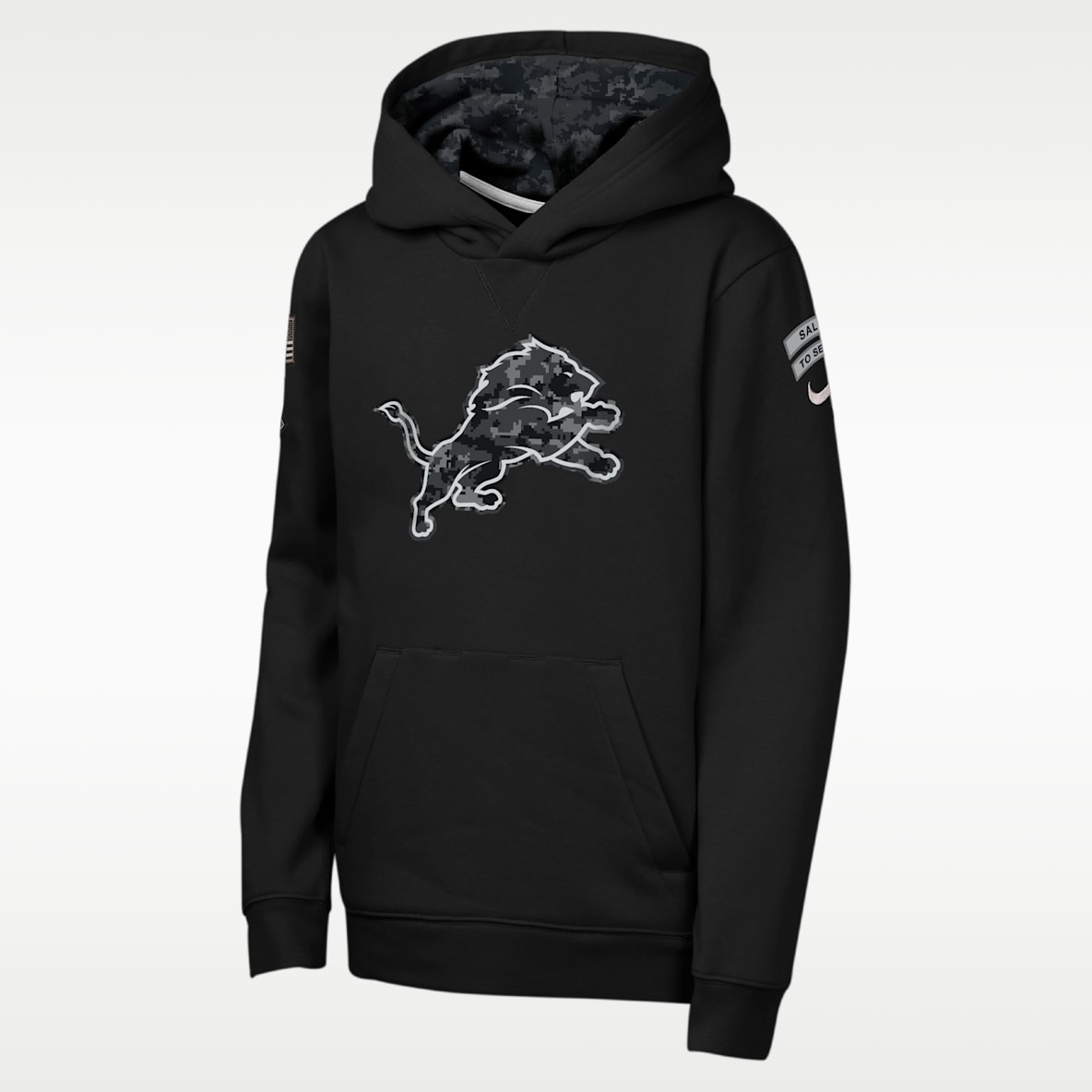 Detroit Lions Salute to Service Sideline Club Sudadera con gorro sin cierre Nike de la NFL para niños talla grande