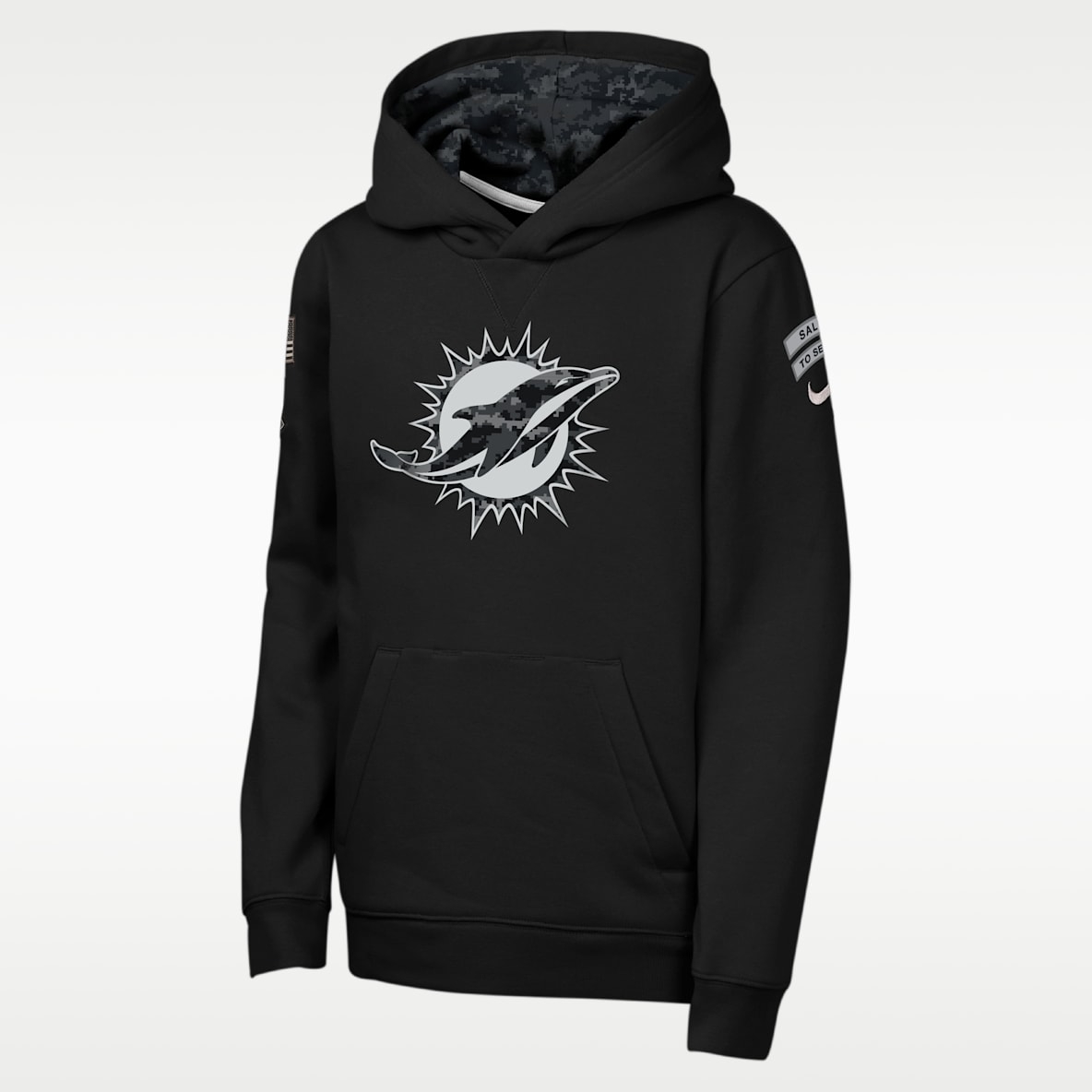 Miami Dolphins Salute to Service Sideline Club Sudadera con gorro sin cierre Nike de la NFL para niños talla grande