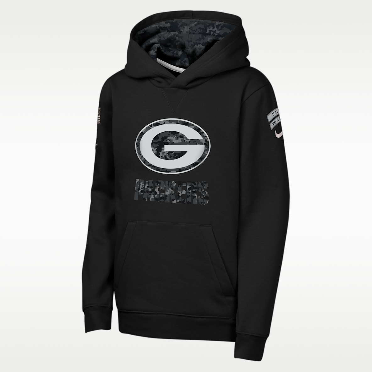 Green Bay Packers Salute to Service Sideline Club Sudadera con gorro sin cierre Nike de la NFL para niños talla grande