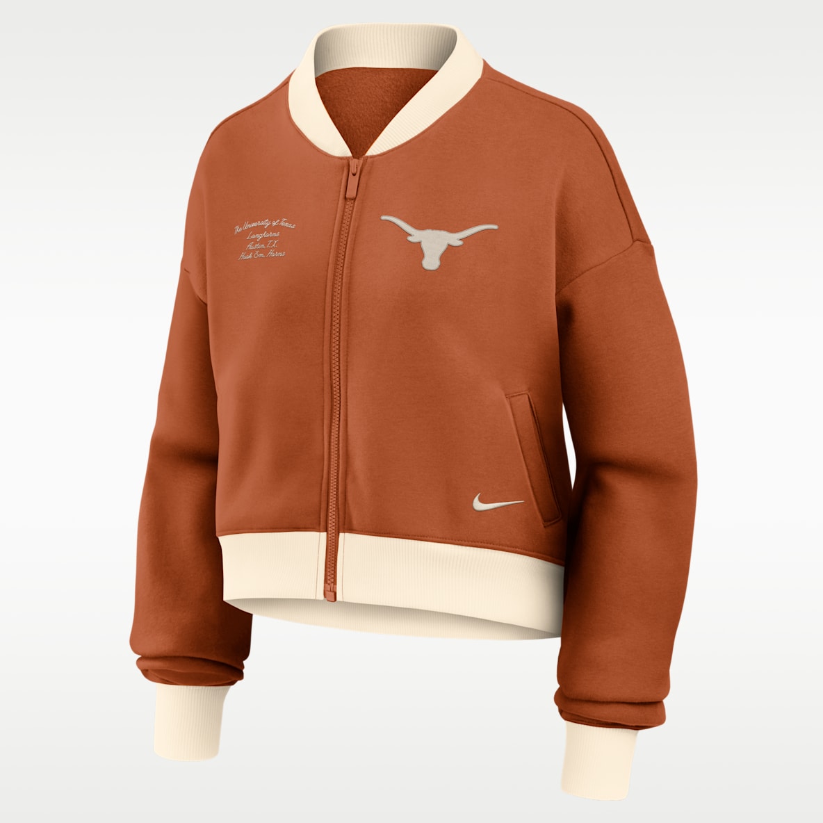 Texas Academic Women's Nike College Oversized Cropped Full-Zip Bomber Jacket