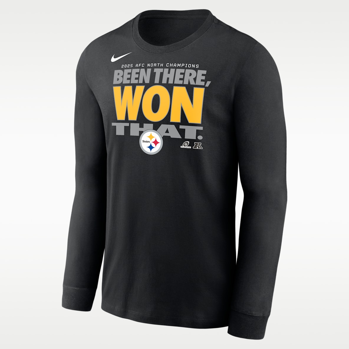 Pittsburgh Steelers 2025 AFC North Champions Trophy Collection Men's Nike NFL Long-Sleeve T-Shirt