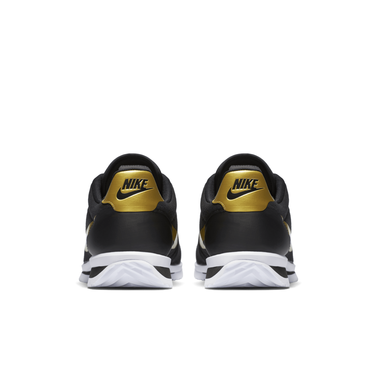 Nike cortez black with gold swoosh hotsell