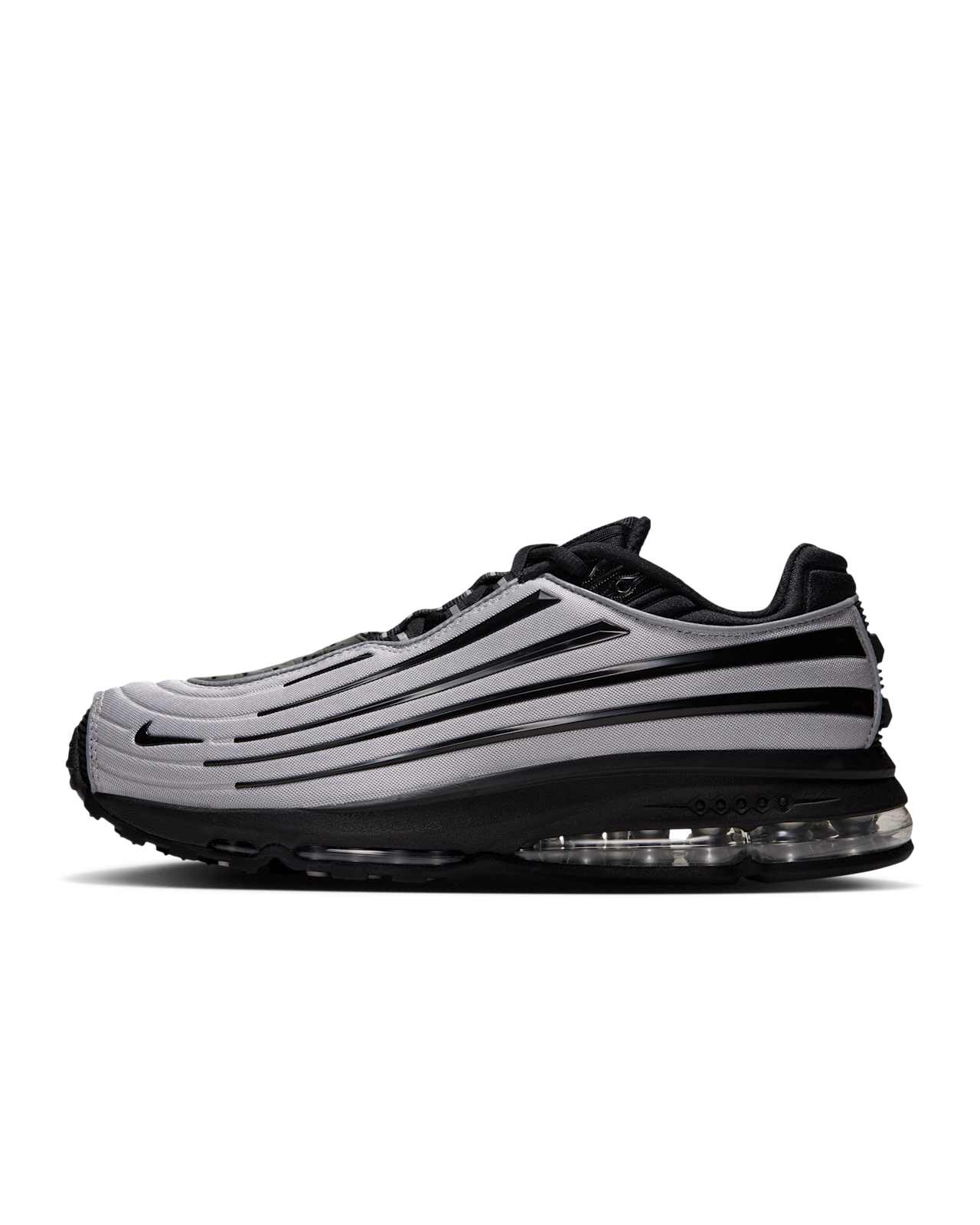 Nike Air Max Ecstasy Plus "Metallic Silver and White" IV7022-001 lateral studio shot. Official Nike SNKRS image