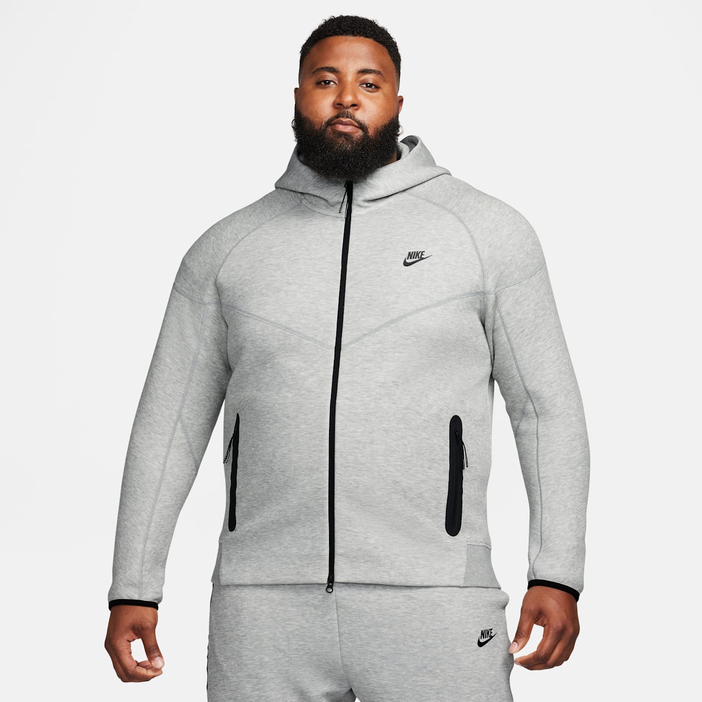 Мужское худи на молнии Nike Sportswear Tech Fleece Windrunner, цвет: Серый меланжевый / Чёрный — фото 9