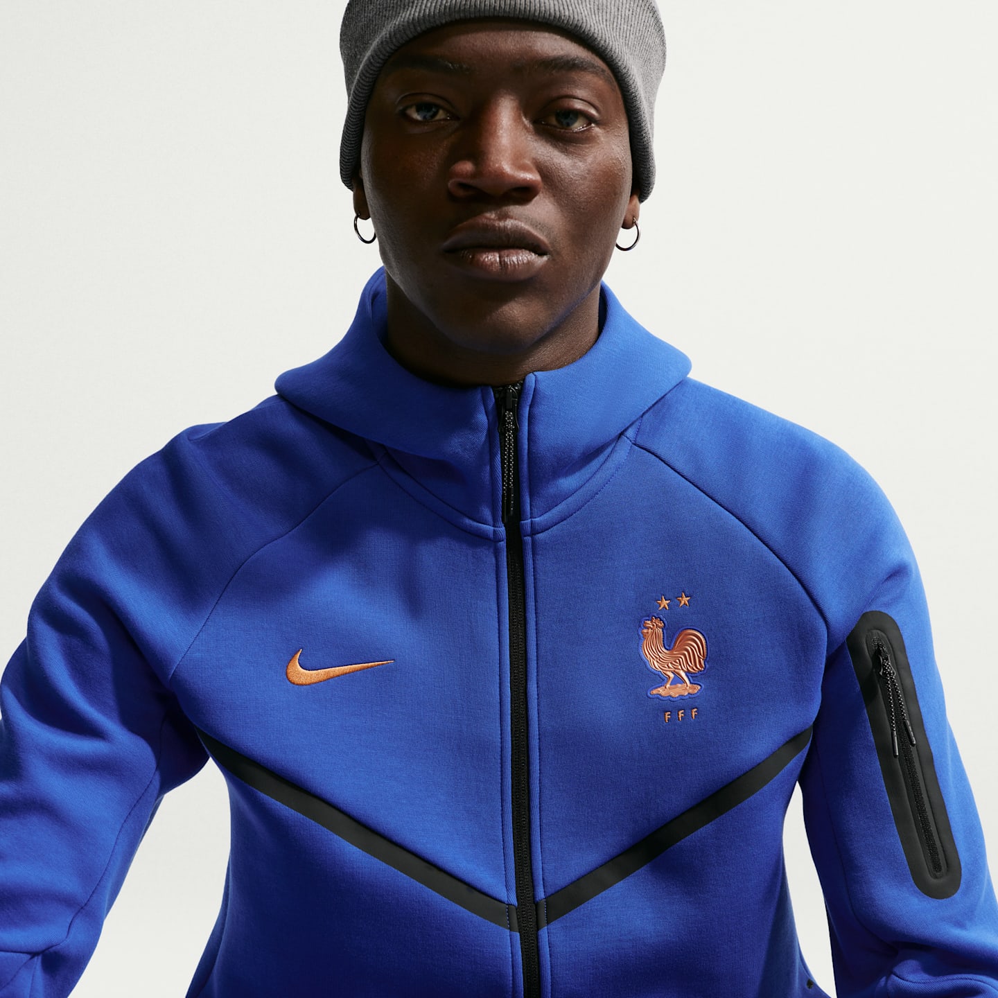 Мужское футбольное худи на молнии Nike FFF Tech Fleece Windrunner, цвет: Королевский синий / Медный — фото 3