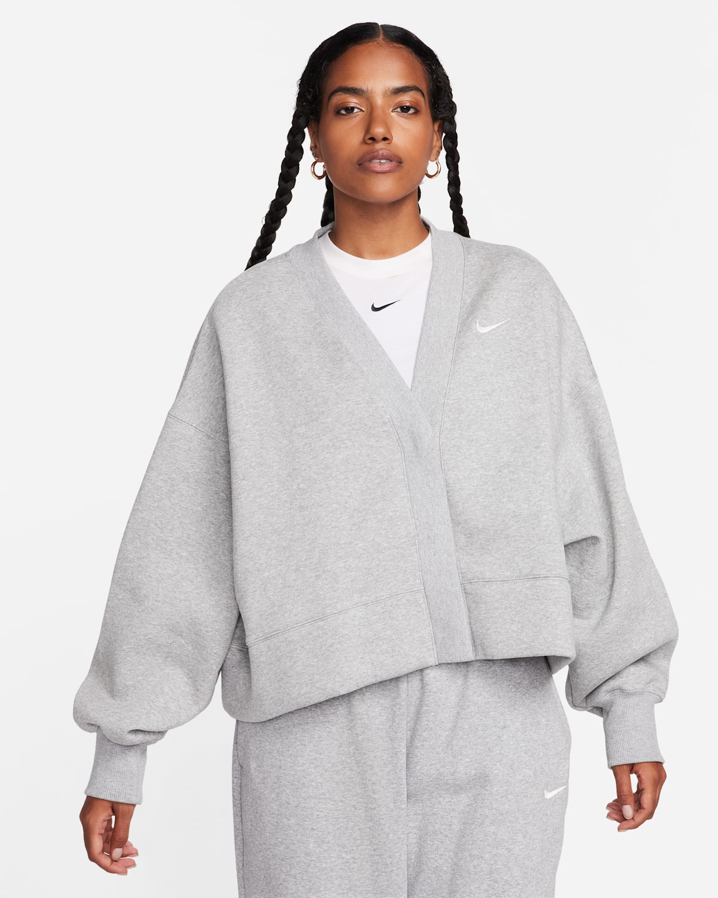 Женский кардиган Nike Sportswear Phoenix Fleece Over-Oversized, цвет: Серый меланжевый / Молочный — фото 9