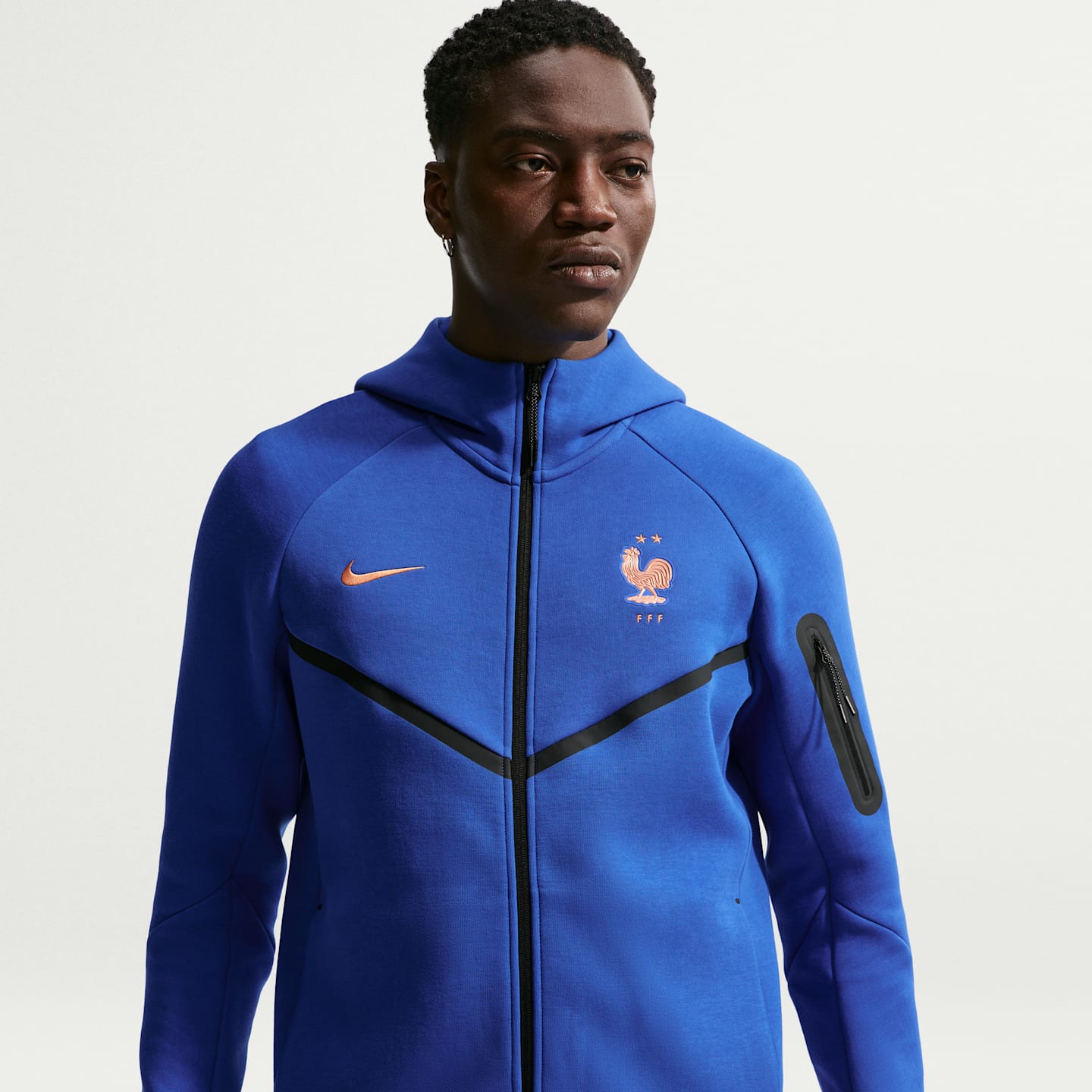 Мужское футбольное худи на молнии Nike FFF Tech Fleece Windrunner, цвет: Королевский синий / Медный — фото 1