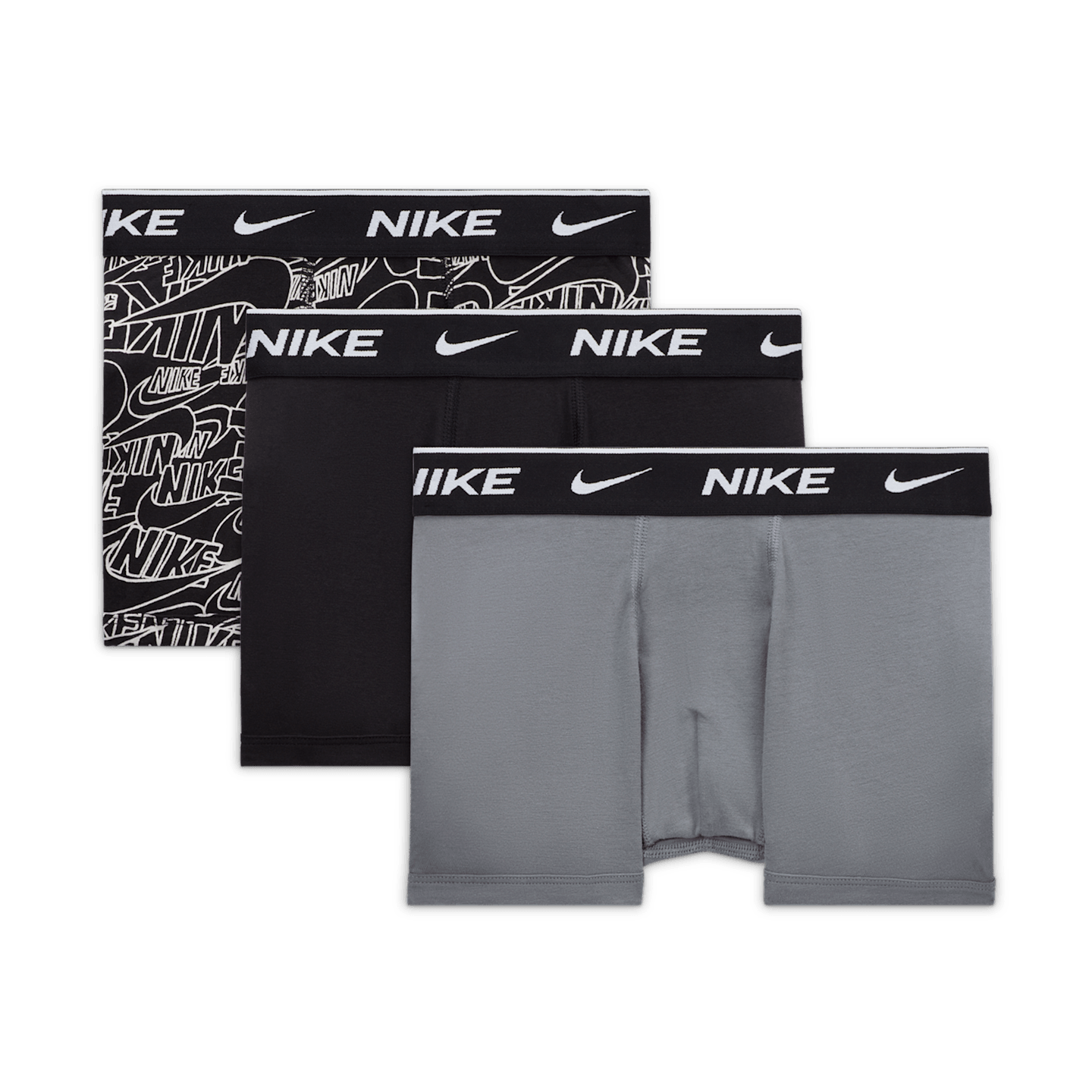 Детские хлопковые боксёры Nike Dri-FIT Everyday с принтом, 3 шт, цвет: Серый меланжевый / Чёрный — фото 1