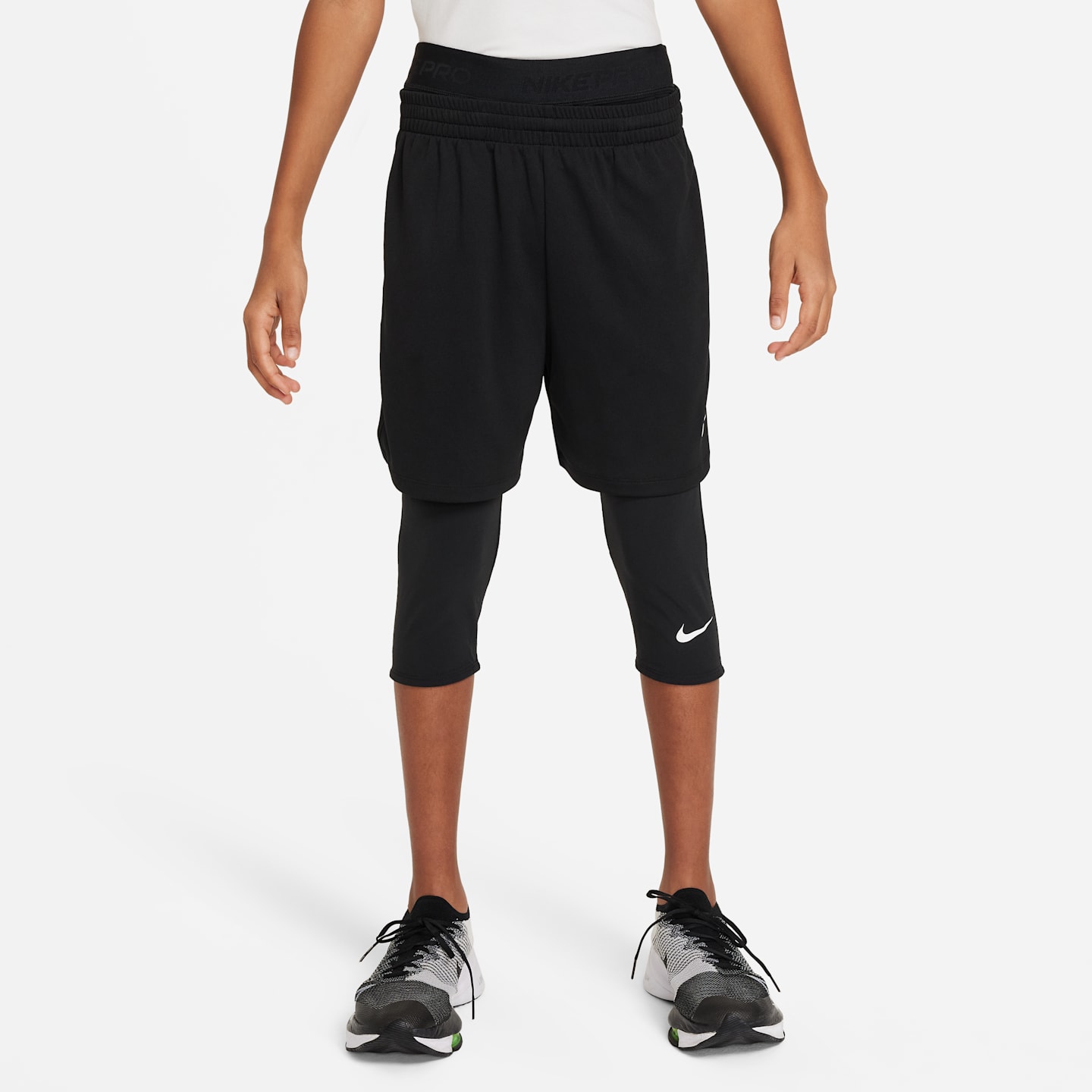 Детские тайтсы для мальчиков Nike Pro Dri-FIT длиной 3/4, цвет: Чёрный / Белый — фото 1