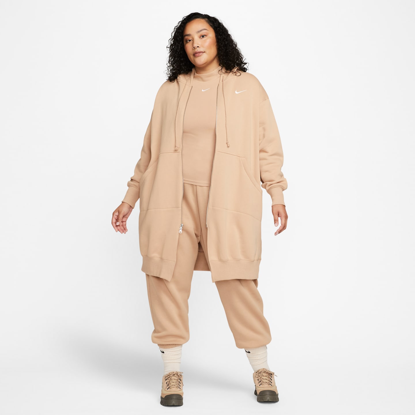 Женское худи Nike Sportswear Phoenix Fleece Oversized Long Full-Zip (Plus Size), цвет: Натуральный бежевый / Молочный — фото 9