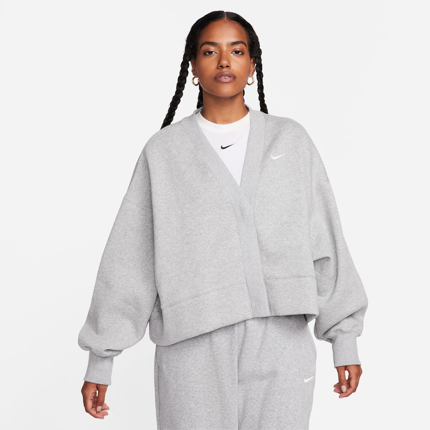 Женский кардиган Nike Sportswear Phoenix Fleece Over-Oversized, цвет: Серый меланжевый / Молочный