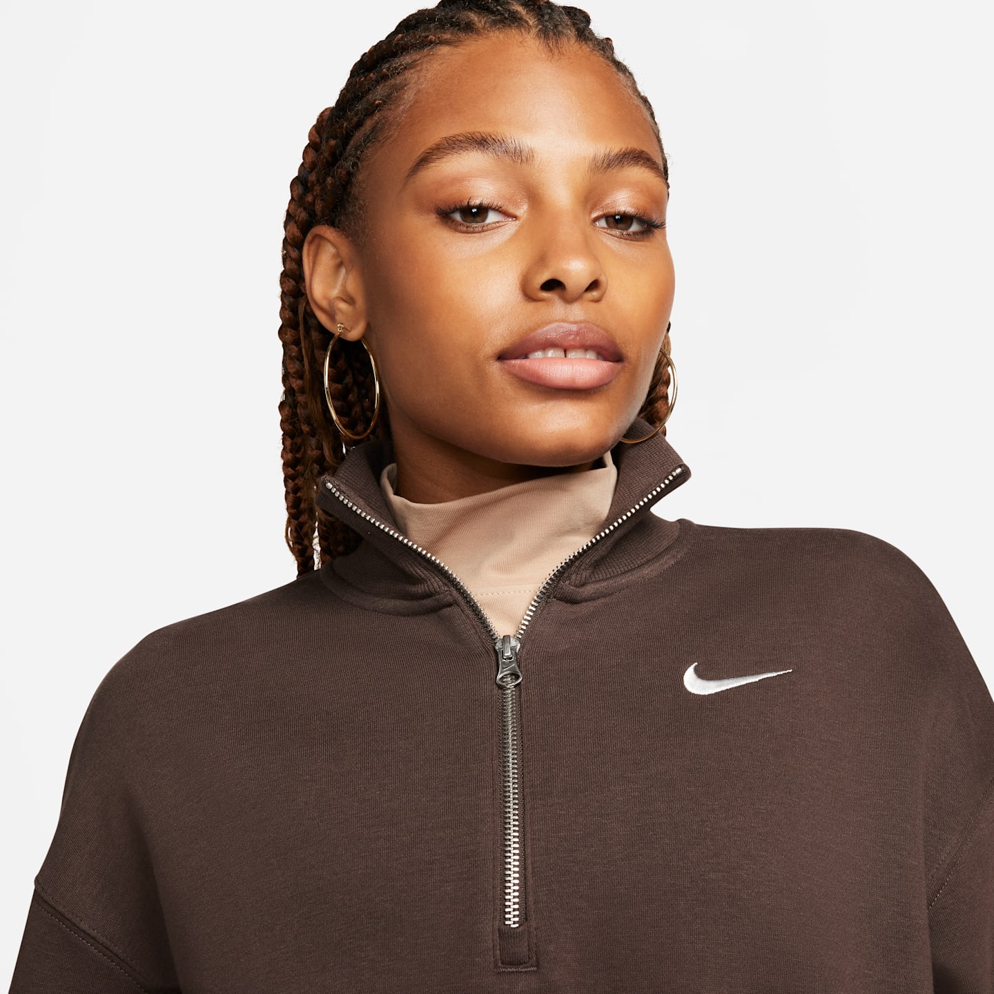 Женский укороченный свитшот Nike Sportswear Phoenix Fleece на молнии 1/4, цвет: Коричневый / Молочный — фото 3