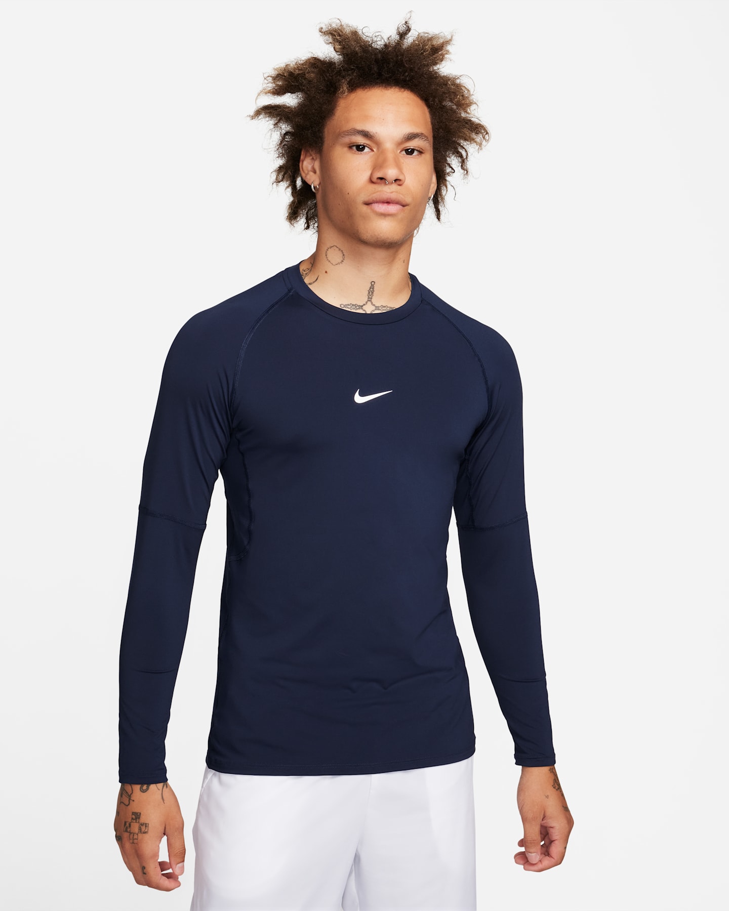 Мужской облегающий топ для фитнеса Nike Pro Dri-FIT с длинным рукавом, цвет: Обсидиановый / Белый — фото 6