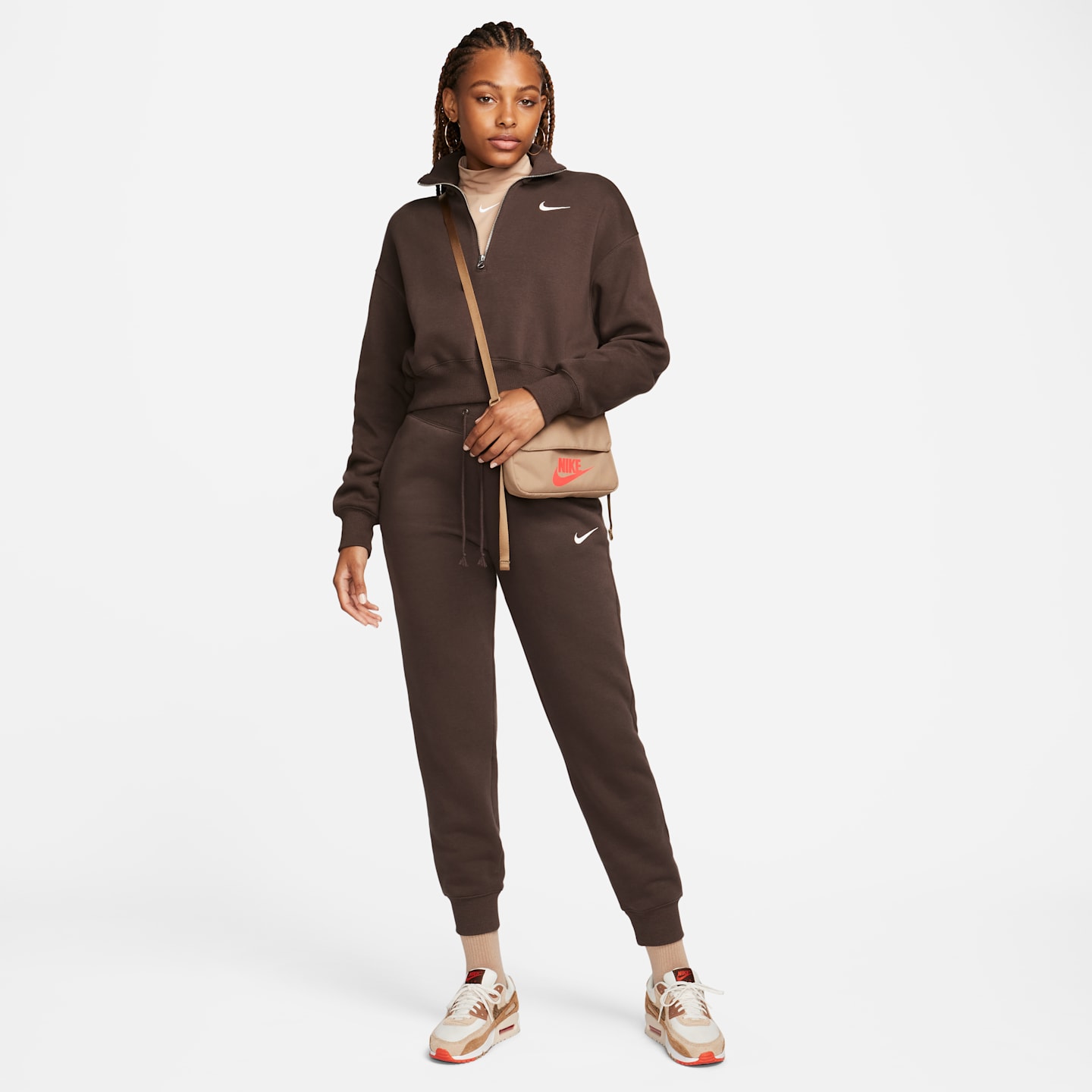 Женский укороченный свитшот Nike Sportswear Phoenix Fleece на молнии 1/4, цвет: Коричневый / Молочный — фото 6