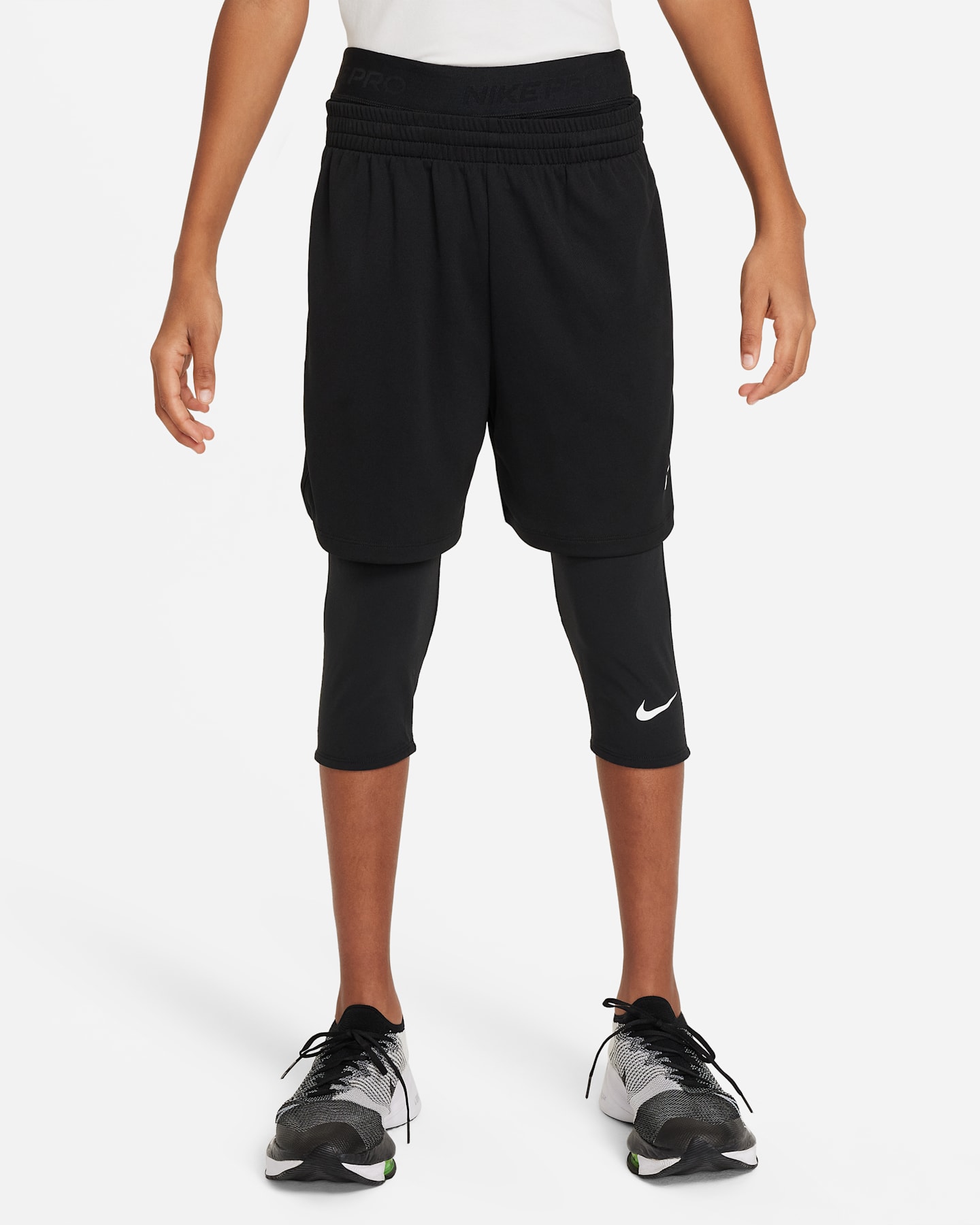 Детские тайтсы для мальчиков Nike Pro Dri-FIT длиной 3/4, цвет: Чёрный / Белый — фото 7