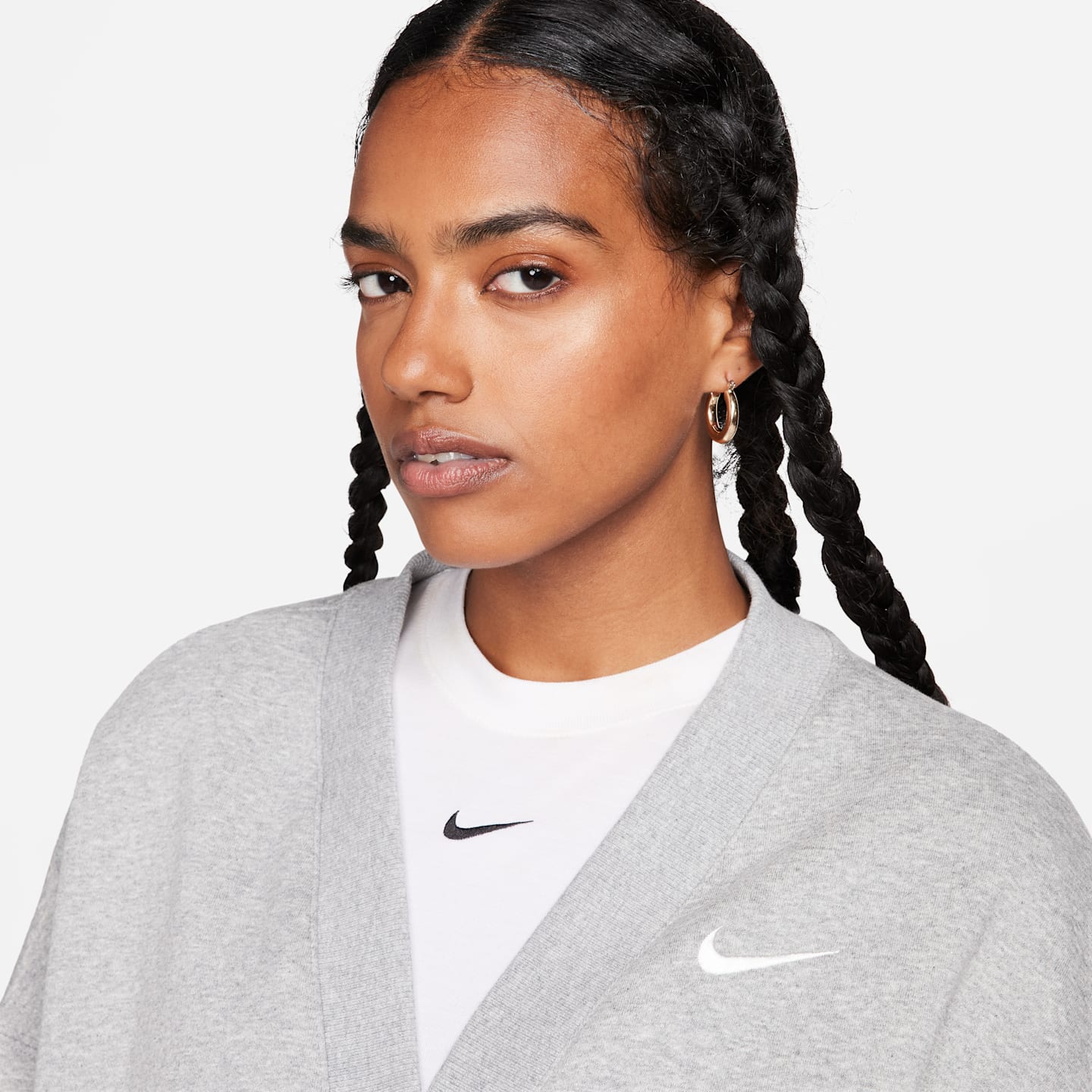 Женский кардиган Nike Sportswear Phoenix Fleece Over-Oversized, цвет: Серый меланжевый / Молочный — фото 3