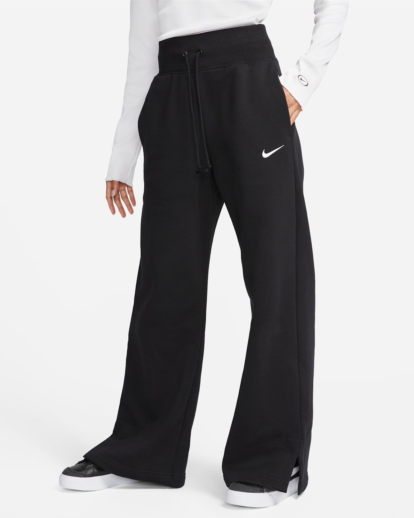 Женские брюки Nike Sportswear Phoenix Fleece High-Waisted Wide-Leg Sweatpants, цвет: Чёрный / Молочный — фото 10
