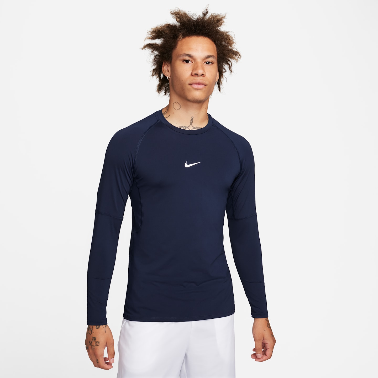 Мужской облегающий топ для фитнеса Nike Pro Dri-FIT с длинным рукавом, цвет: Обсидиановый / Белый — фото 1
