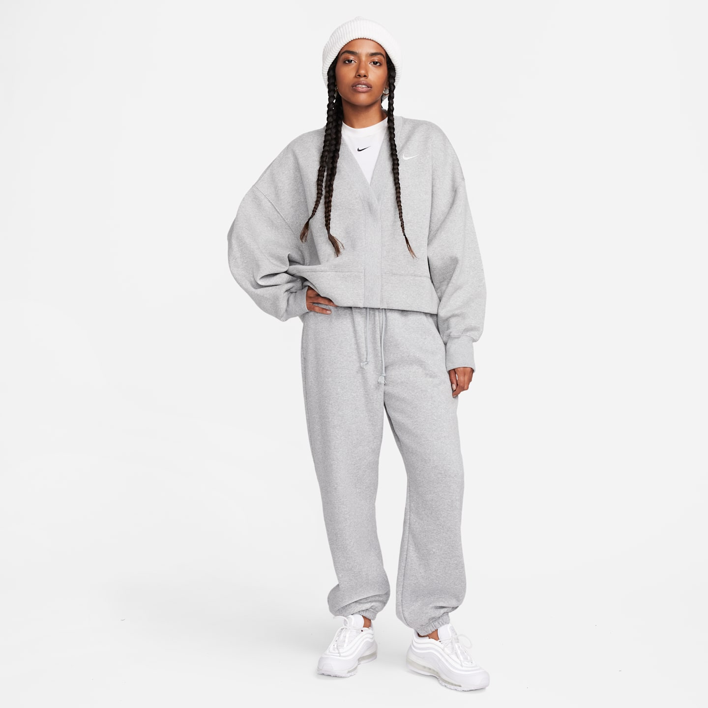 Женский кардиган Nike Sportswear Phoenix Fleece Over-Oversized, цвет: Серый меланжевый / Молочный — фото 8