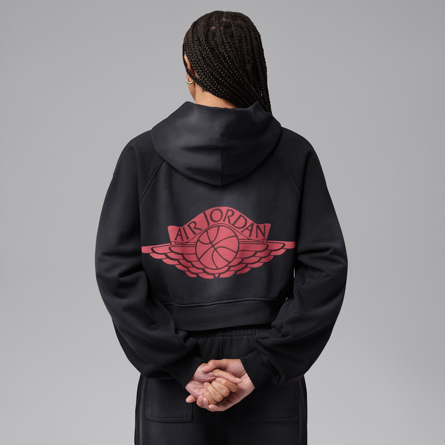 Женское укороченное худи Jordan Flight Fleece, цвет: Чёрный / Красный — фото 2