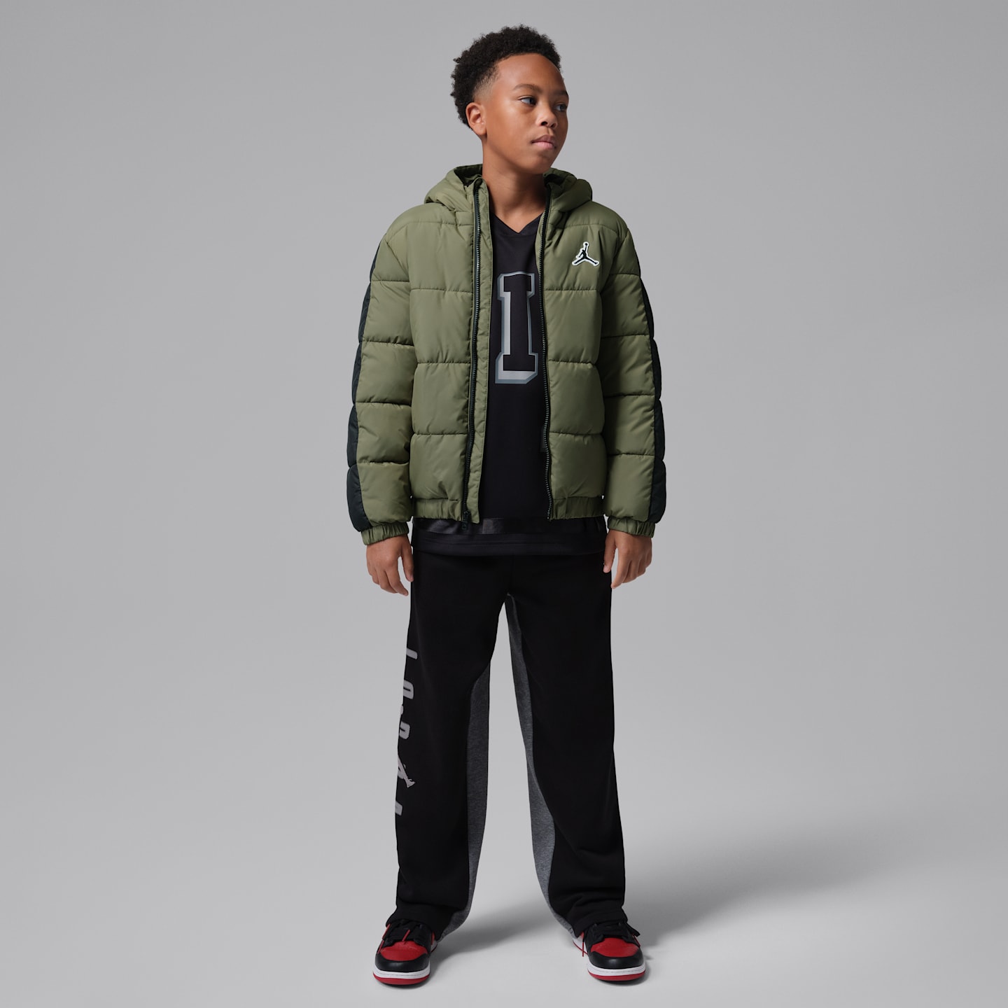 Детский пуховик Jordan Colorblock, цвет: Средний оливковый — фото 9