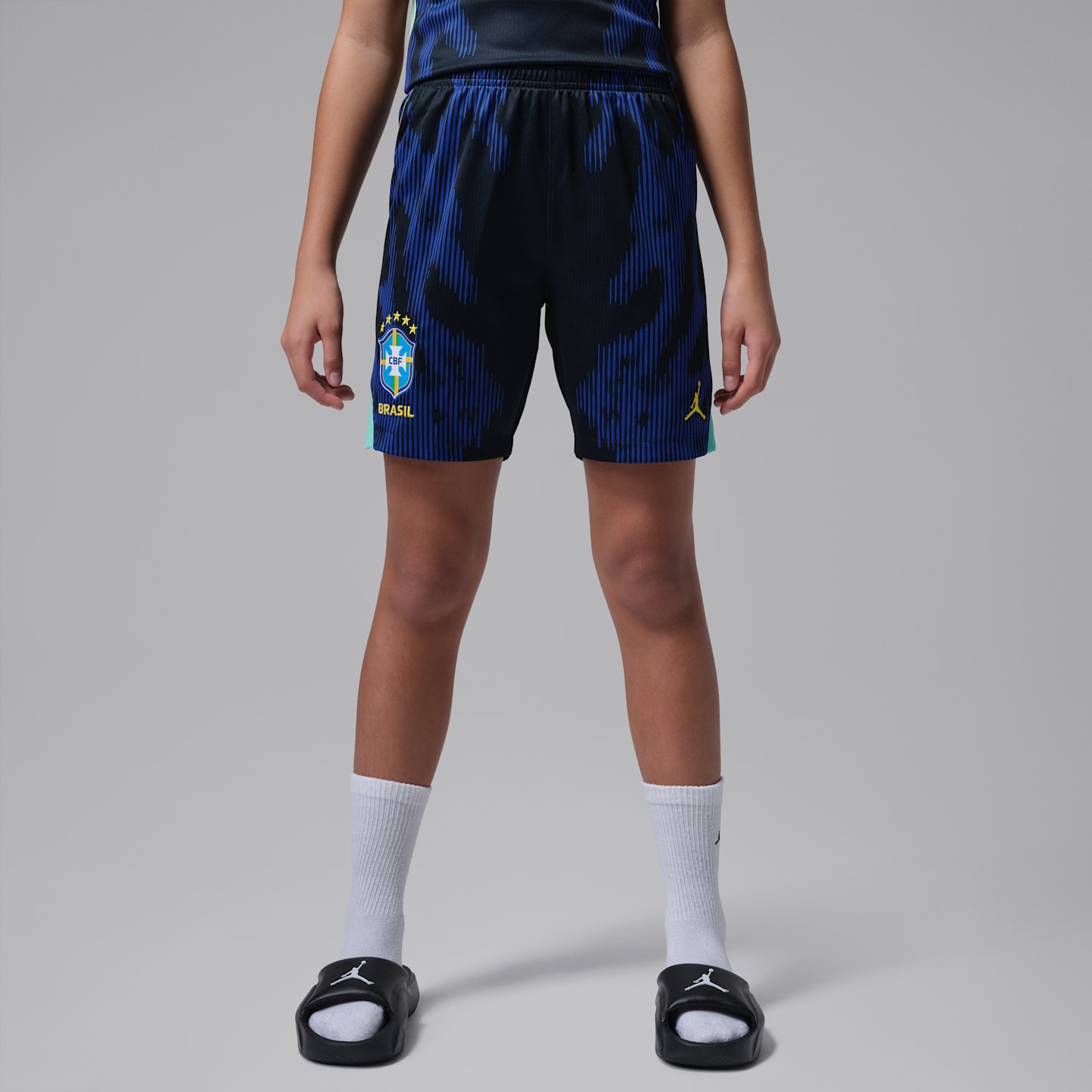 Детские футбольные шорты Jordan Brazil 2026 Stadium Away Dri-FIT Replica, цвет: Королевский синий / Чёрный — фото 1