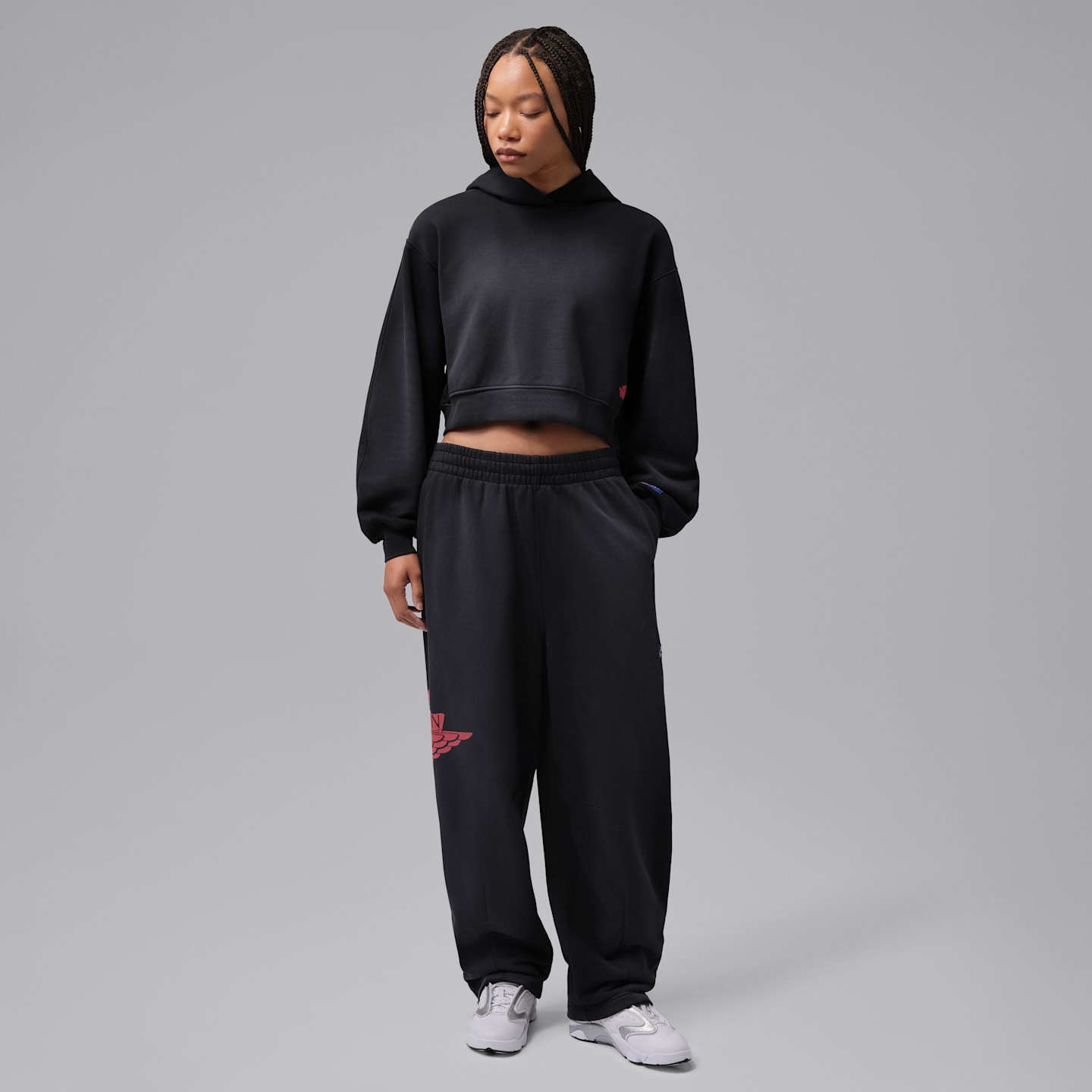 Женское укороченное худи Jordan Flight Fleece, цвет: Чёрный / Красный — фото 9