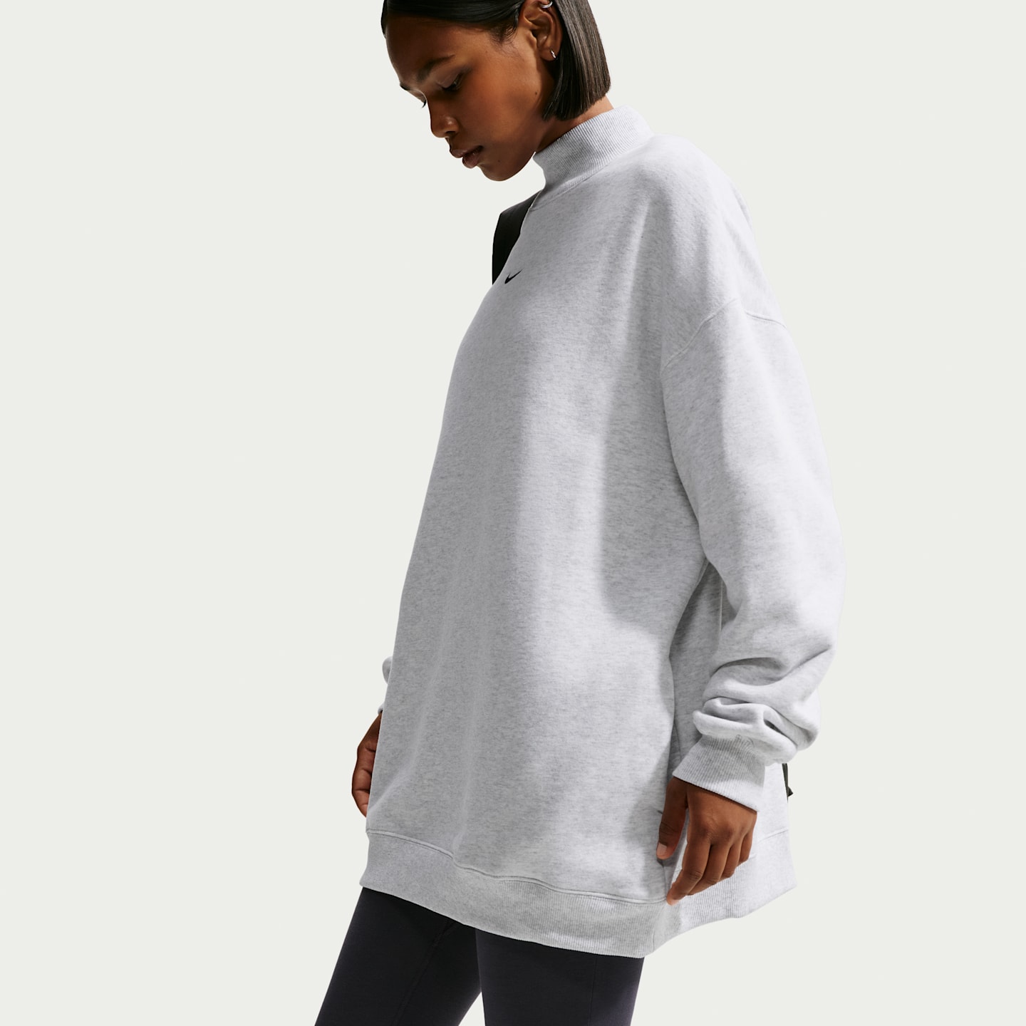 Женский свитшот Nike Studio Fleece Medium Weight оверсайз с воротником-стойкой, цвет: Берёзовый меланжевый / Чёрный — фото 3