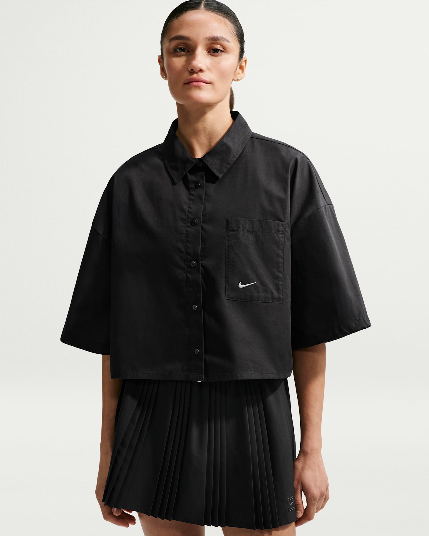 Женский топ Nike Sportswear Chill Poplin Oversized Top, цвет: Чёрный / Снежный белый — фото 7