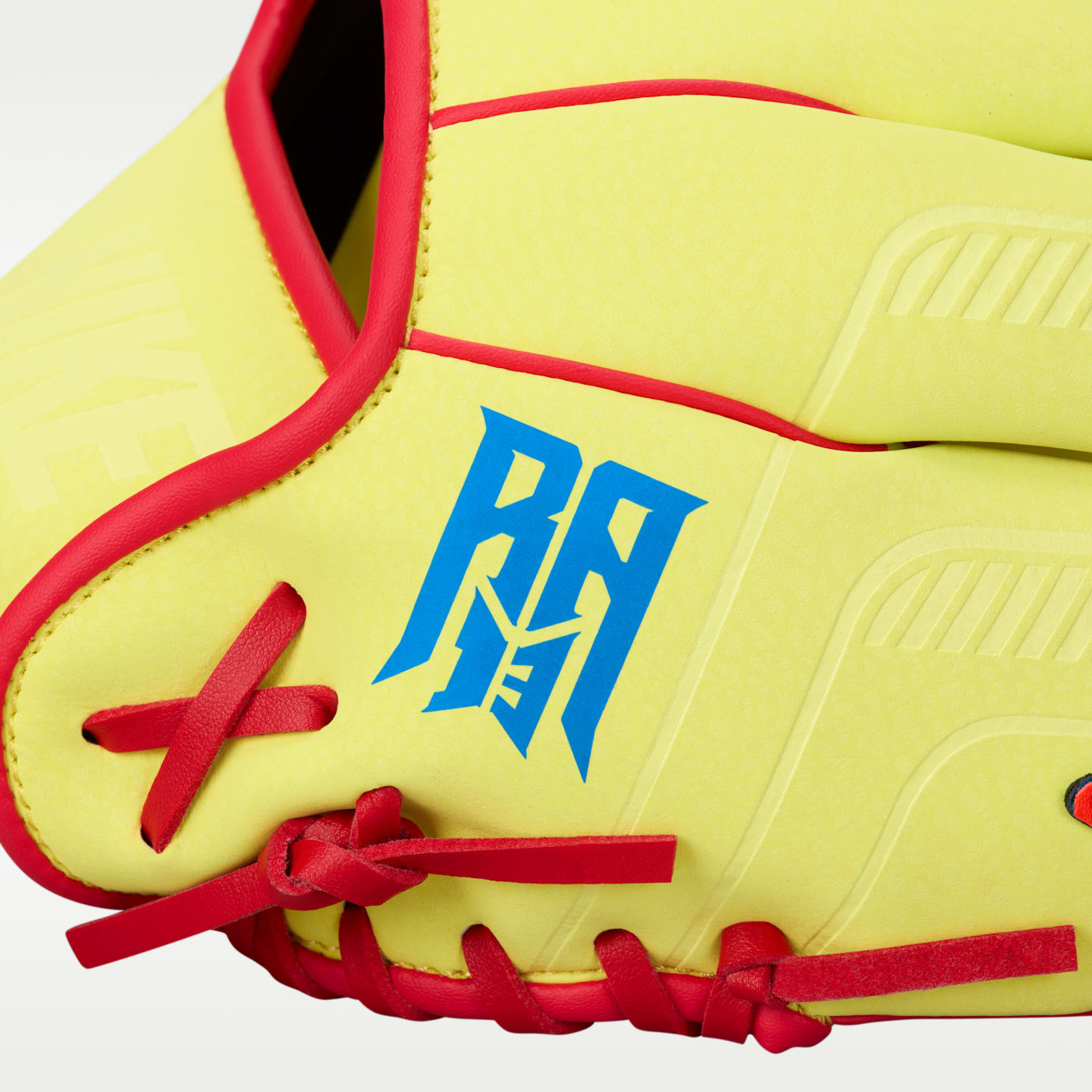 Детская бейсбольная перчатка полевого игрока Nike Vapor Ronald Acuña Jr., для левши, цвет: Жёлтый / Яркий малиновый — фото 5