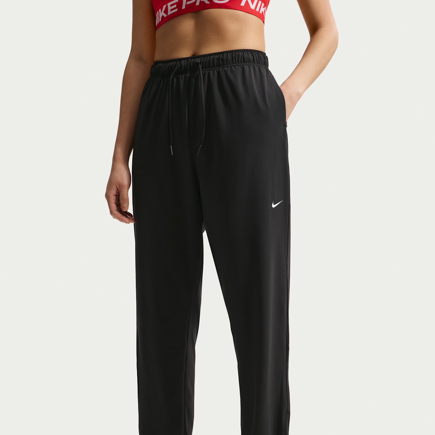 Женские длинные тканые брюки Nike Pro Dri-FIT со средней посадкой, цвет: Чёрный / Белый — фото 2