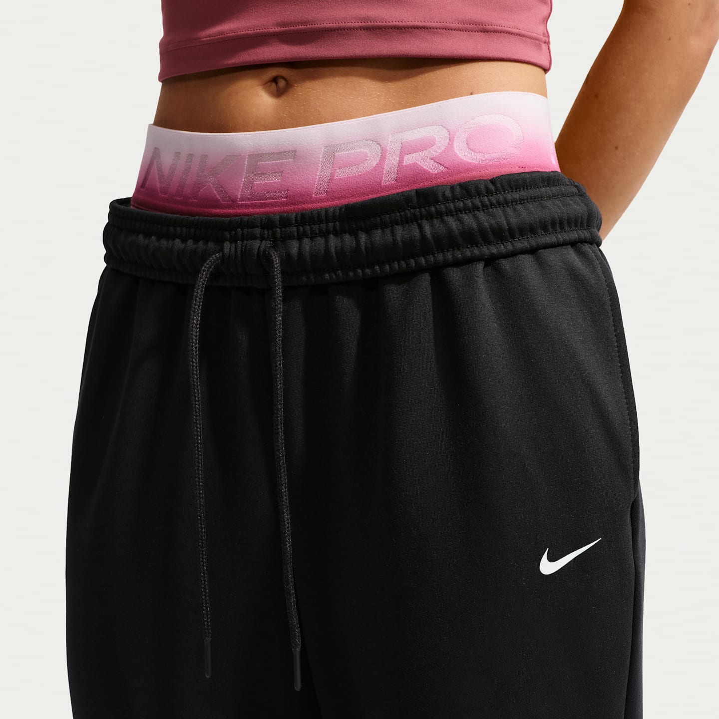Женские брюки Nike Studio Fleece Sport Dri-FIT со средней посадкой и открытым низом, цвет: Чёрный / Белый — фото 6