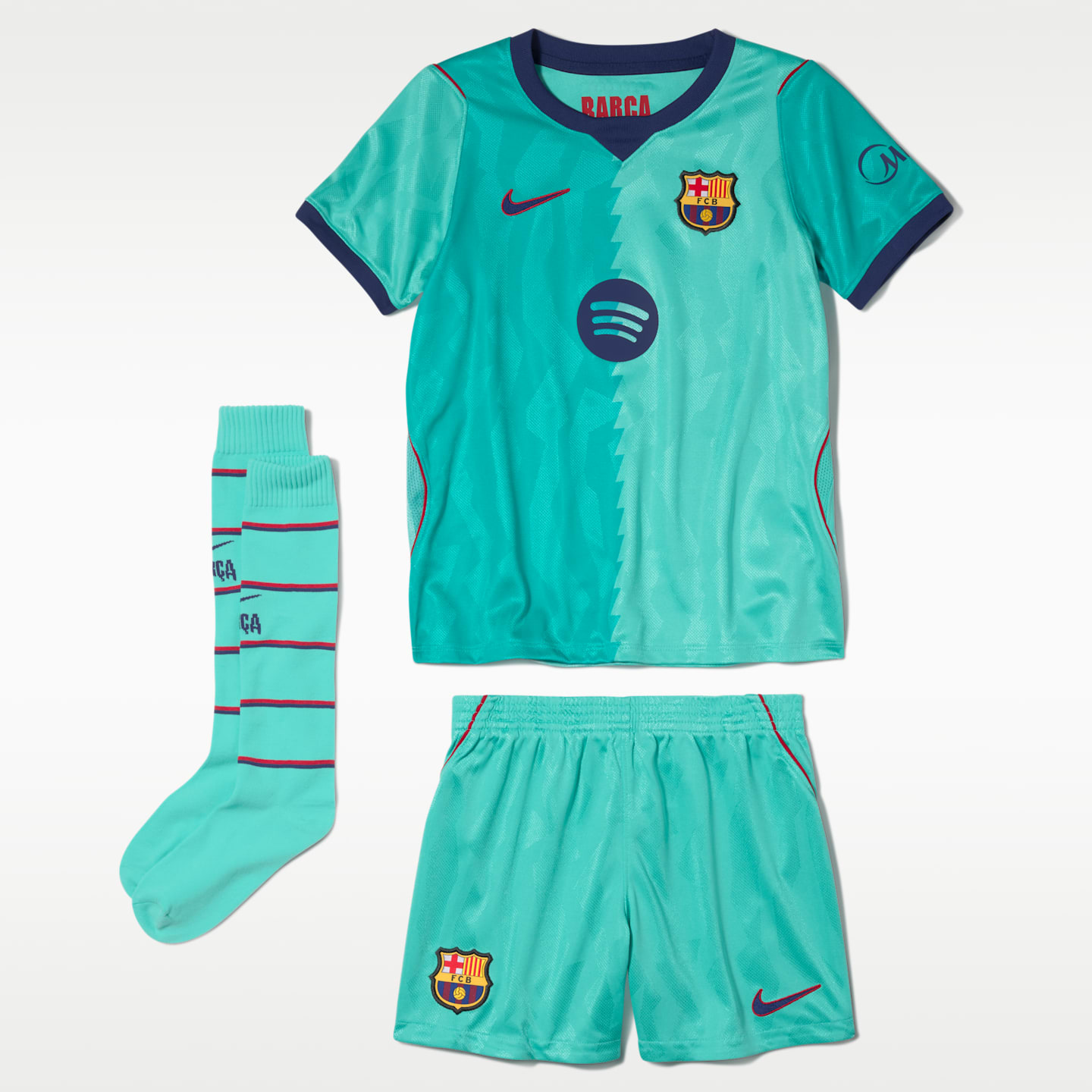 Детские комплекты Nike FC Barcelona 2026/27 Stadium Third Soccer Replica 3-Piece Kit, цвет: Зелёный морозный / Красный — фото 1