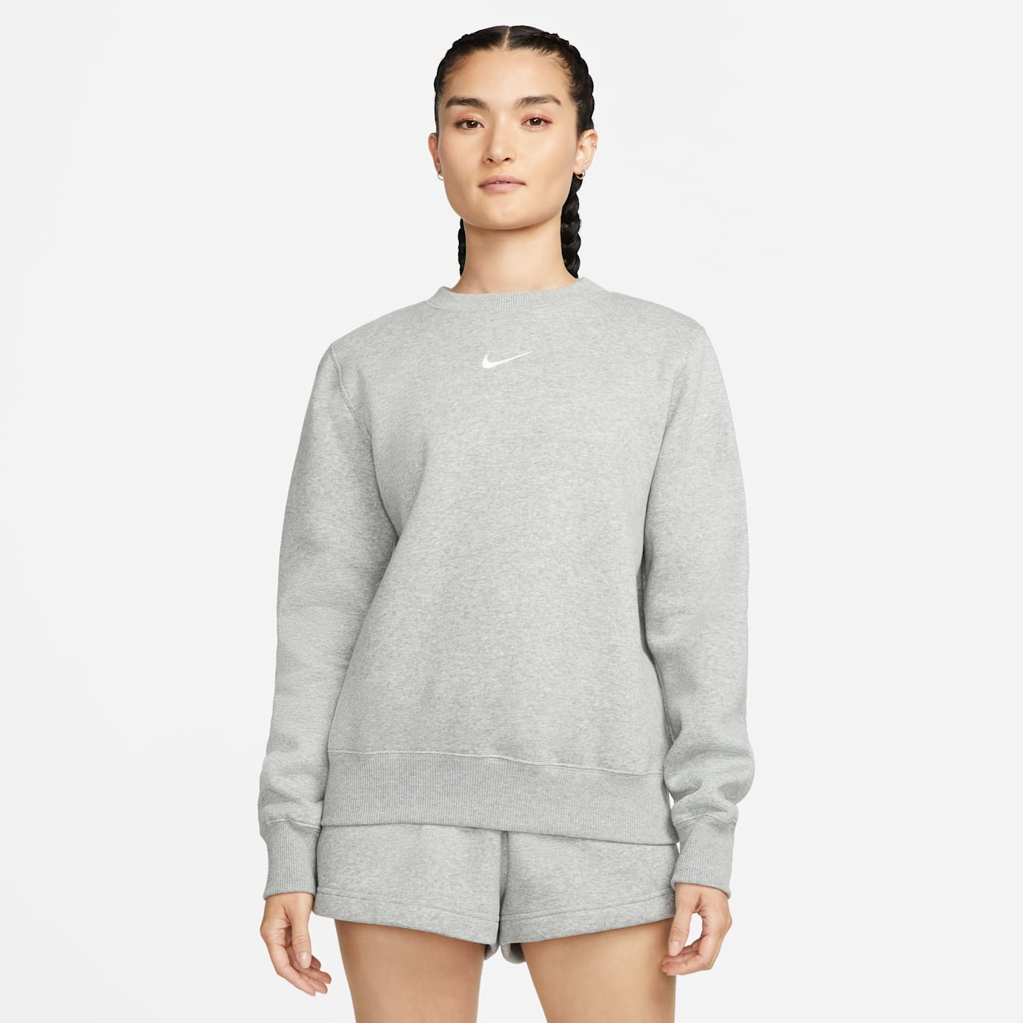 Женская толстовка Nike Sportswear Phoenix Fleece Crew-Neck, цвет: Серый меланжевый / Молочный — фото 1