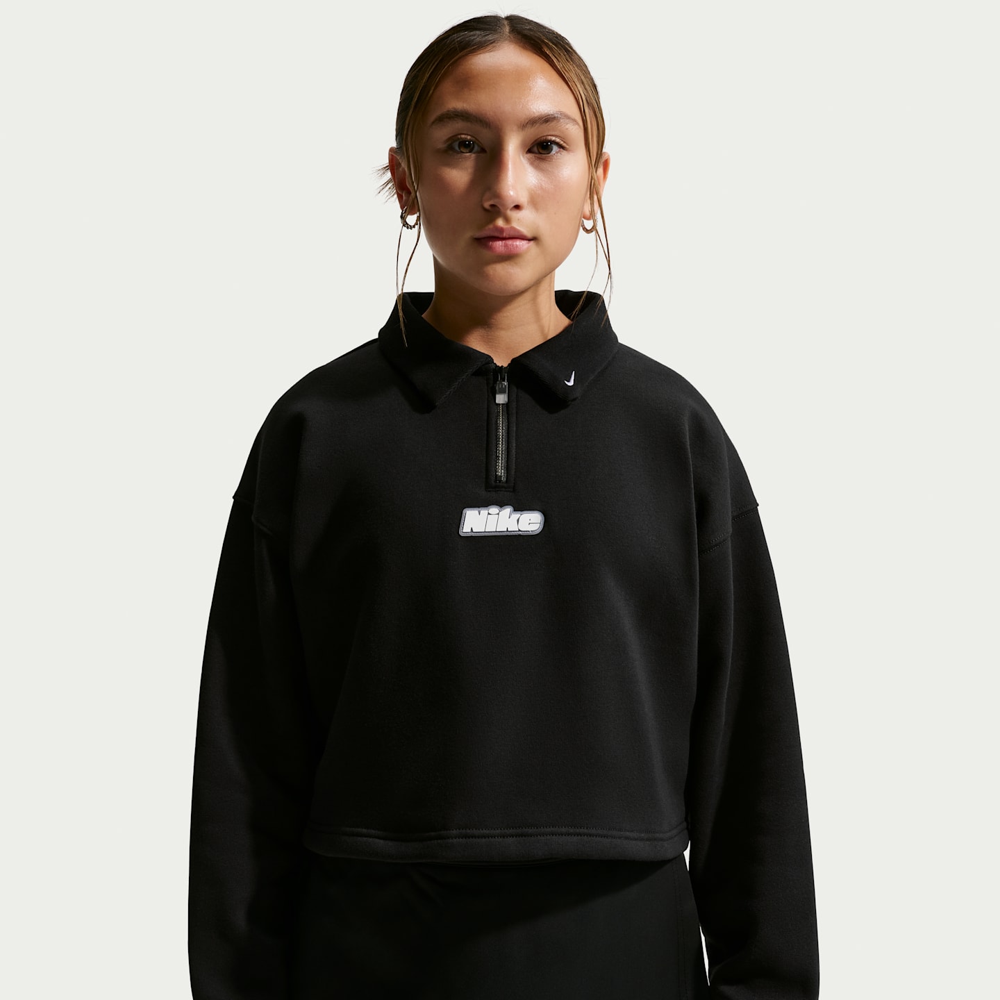 Толстовки Nike Sportswear Studio Fleece Quarter-Zip Top для девочек, цвет: Чёрный / Белый — фото 3