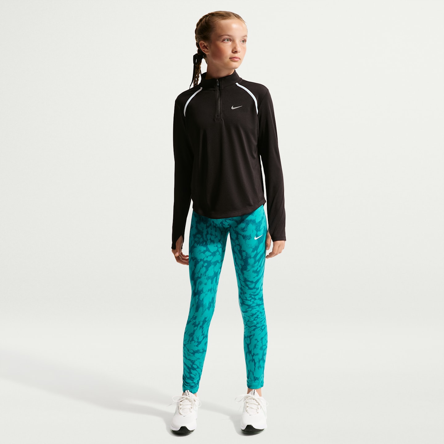 Детский топ Nike Tempo Dri-FIT для девочек на полумолнии, длинный рукав, цвет: Чёрный / Белый — фото 4