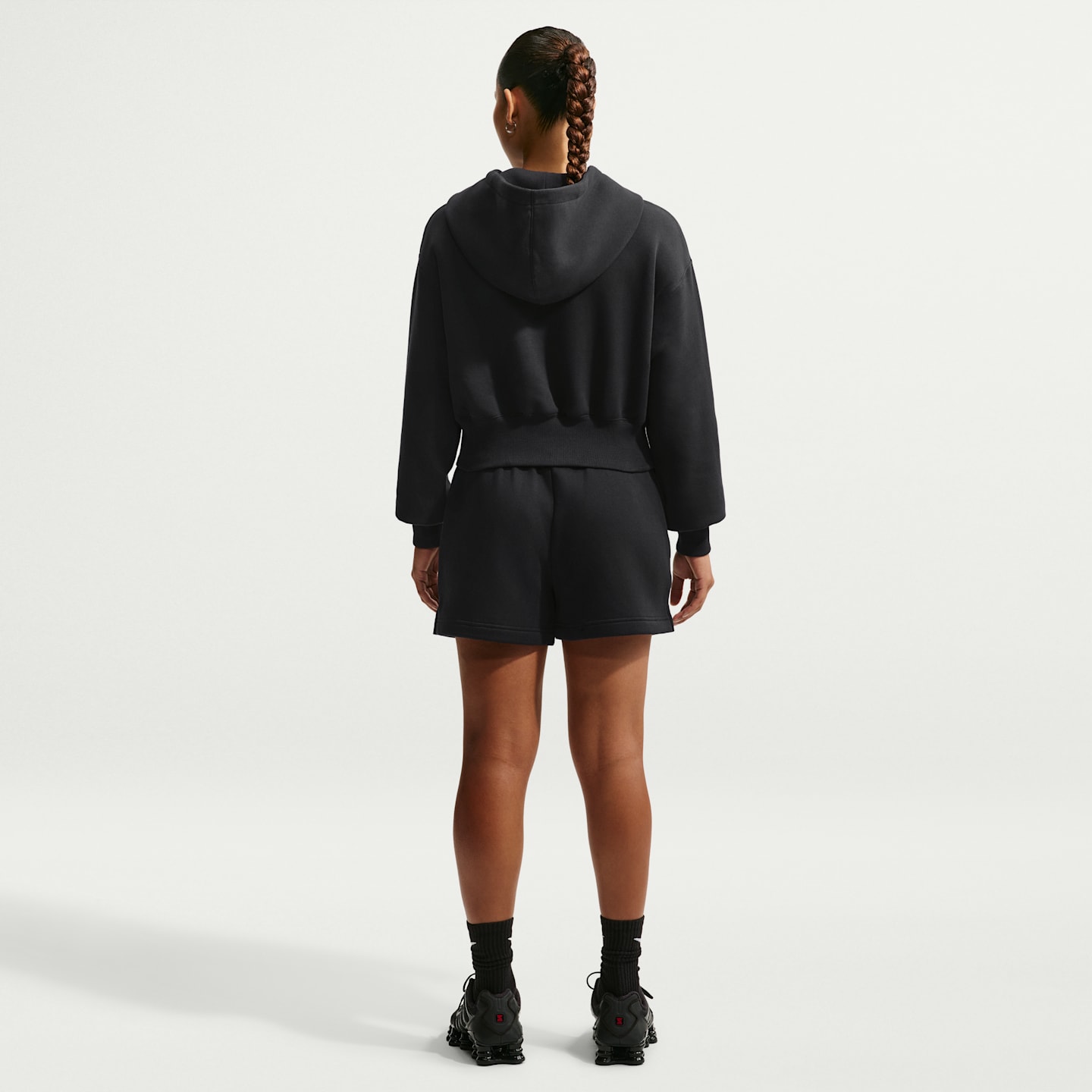 Женское худи Nike Sportswear Phoenix Fleece Loose Full-Zip Cropped, цвет: Чёрный / Молочный — фото 5