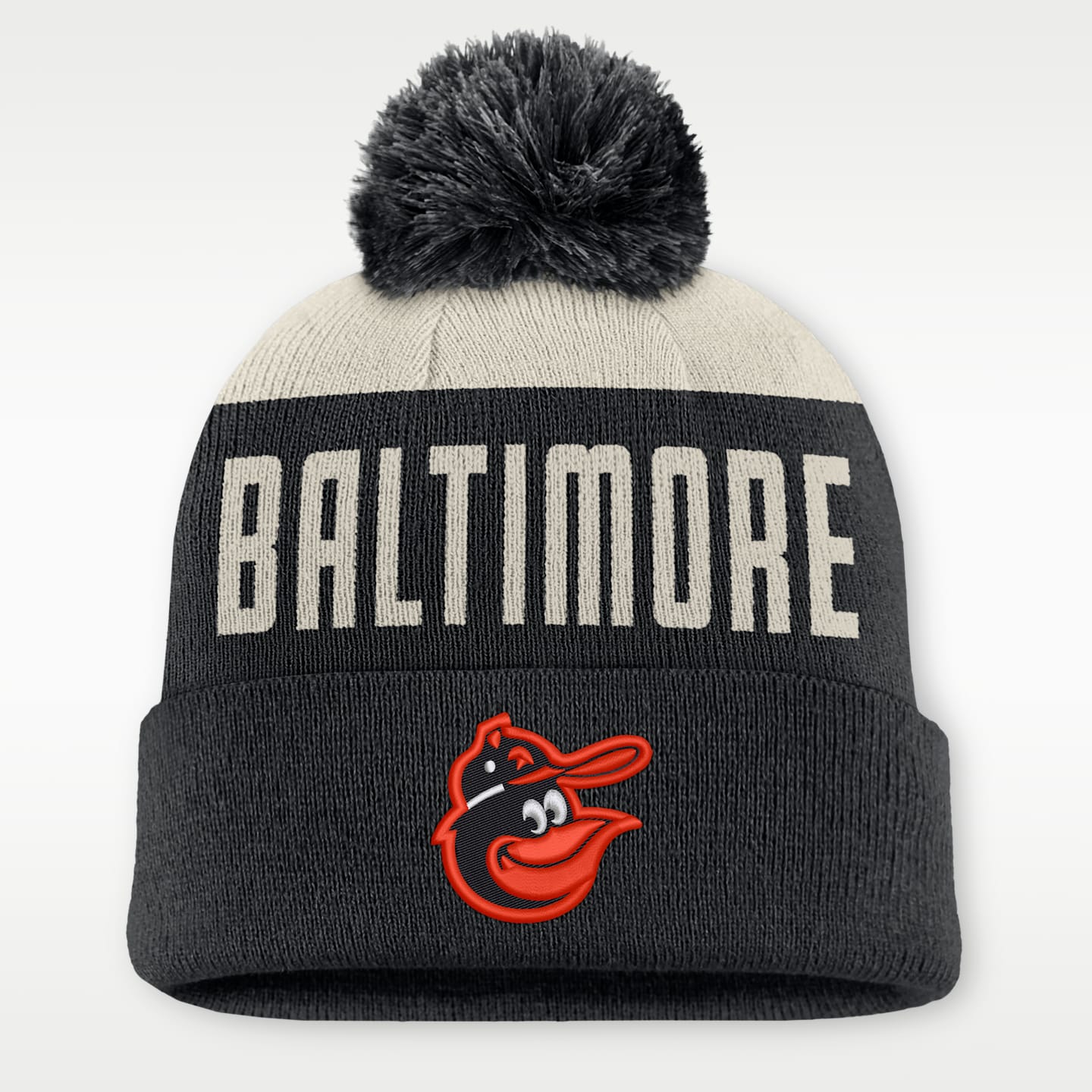 Мужская шапка Nike Baltimore Orioles Cooperstown Peak MLB Cuffed Pom Beanie, цвет: Белый / Чёрный