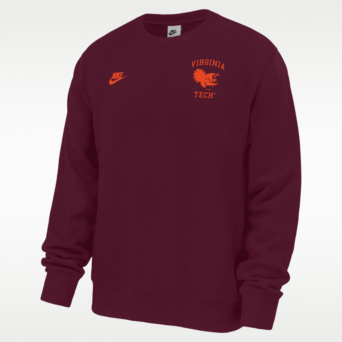 Мужская толстовка Nike Virginia Tech Hokies Club Football Fleece Crew-Neck, цвет: Глубокий тёмно-бордовый