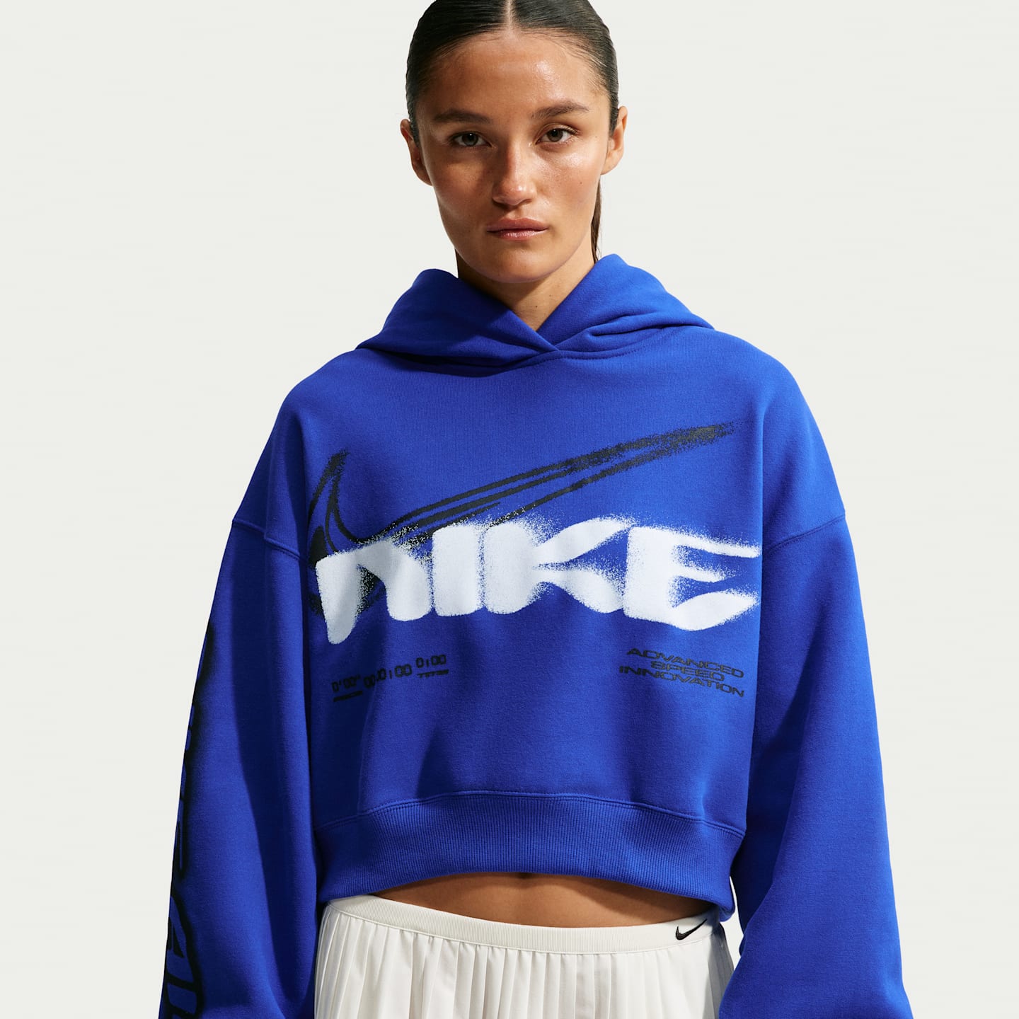Женское укороченное худи Nike Studio Fleece Medium Weight оверсайз, цвет: Королевский синий / Молочный — фото 3