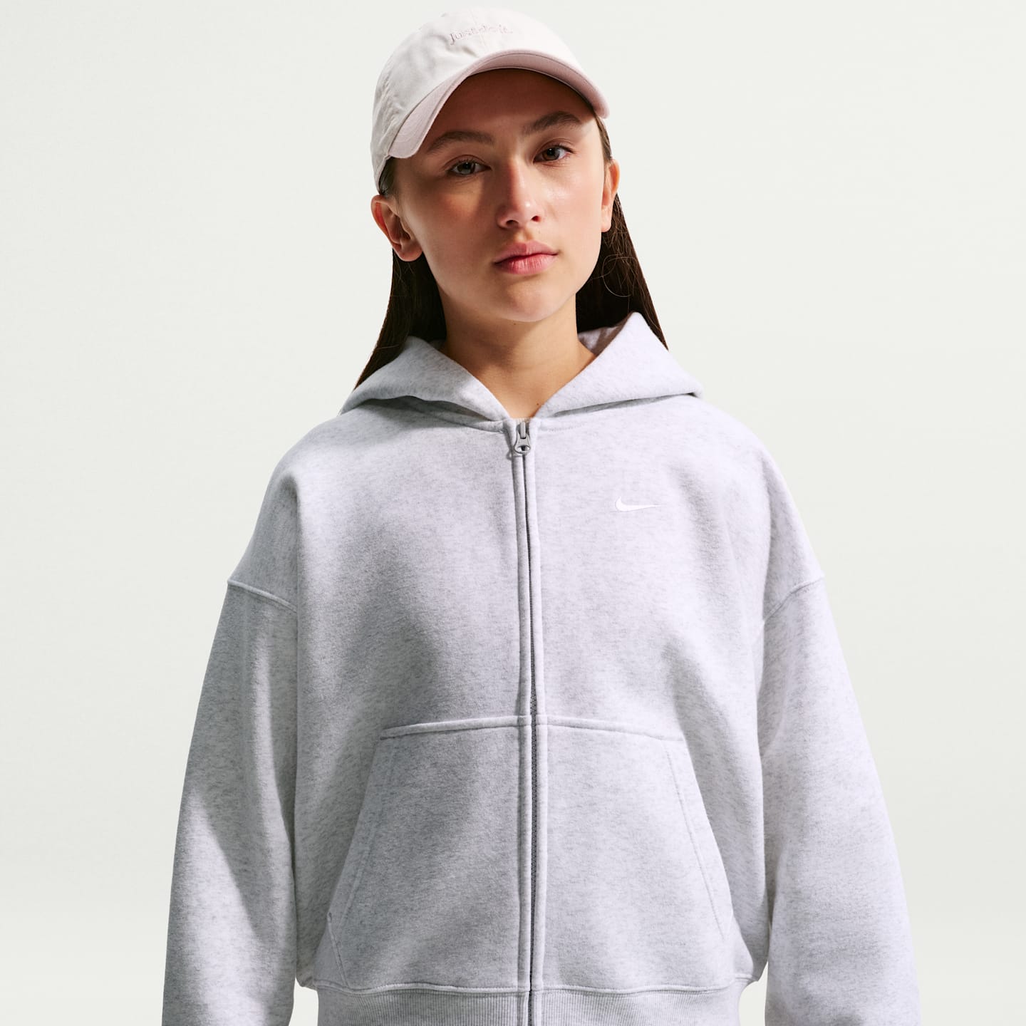 Худи Nike Sportswear Studio Fleece Oversized Full-Zip для девочек, цвет: Берёзовый меланжевый / Серый туманный — фото 3