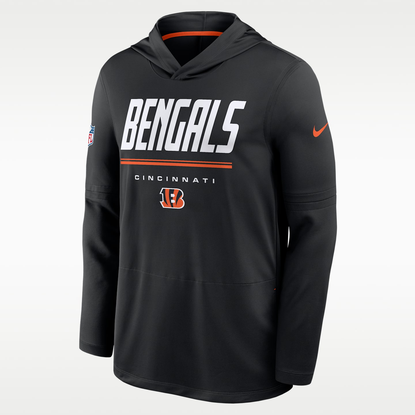 Мужской лонгслив с капюшоном Nike Cincinnati Bengals Sideline Dri-FIT NFL, цвет: Чёрный — фото 1