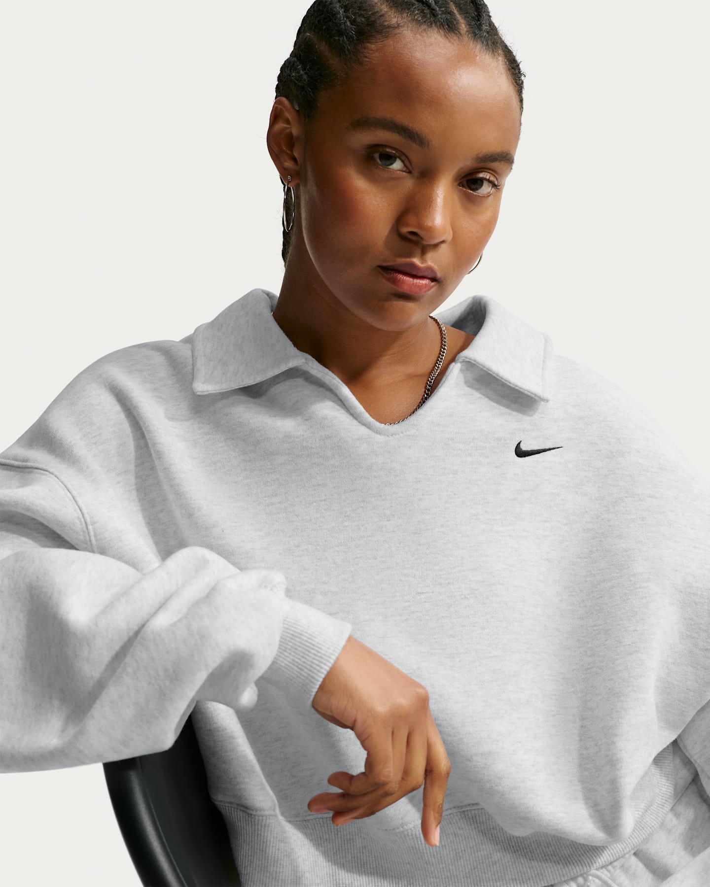 Женское поло Nike Studio Fleece Medium Weight Oversized Cropped Polo, цвет: Берёзовый меланжевый / Чёрный — фото 7