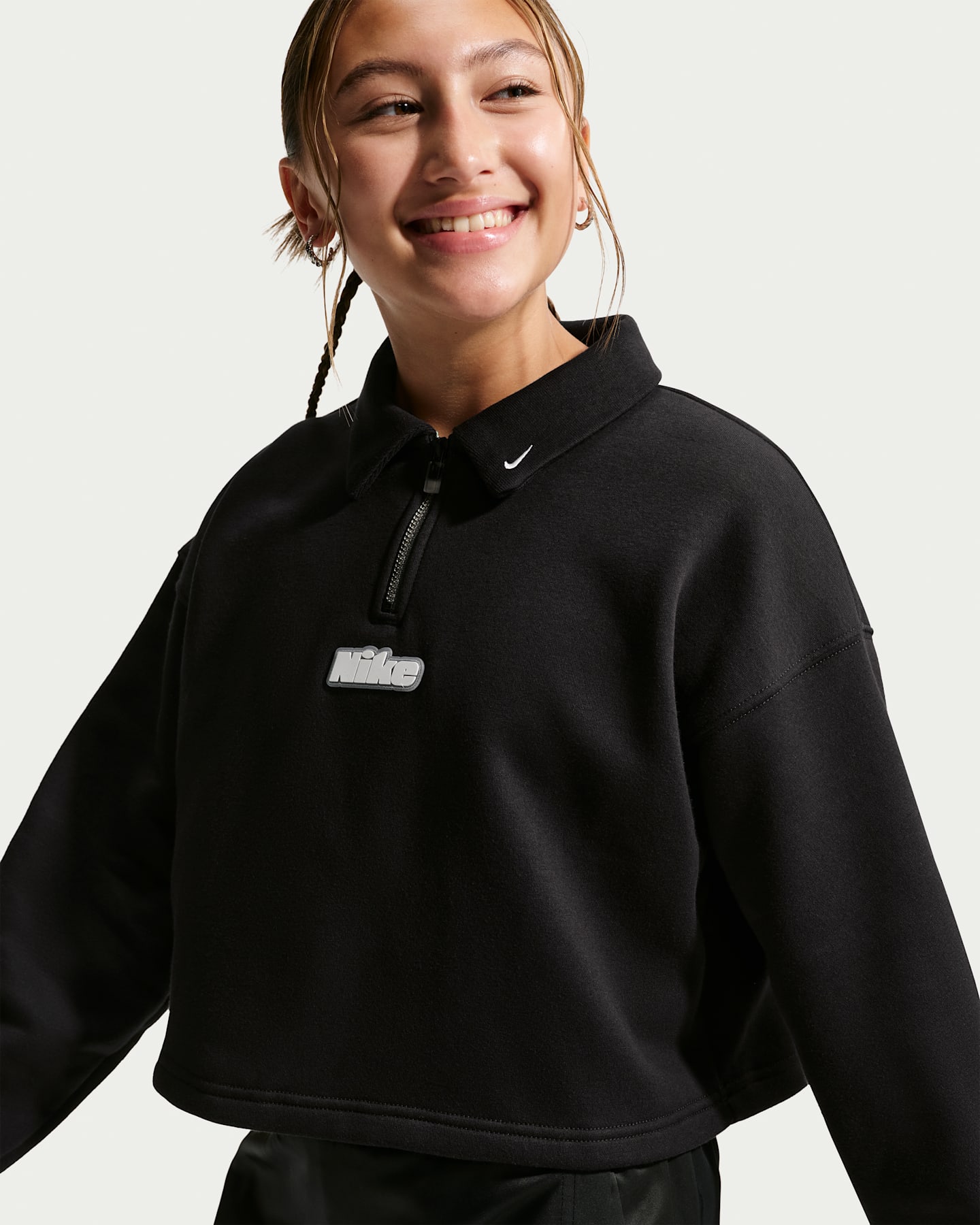 Толстовки Nike Sportswear Studio Fleece Quarter-Zip Top для девочек, цвет: Чёрный / Белый — фото 7