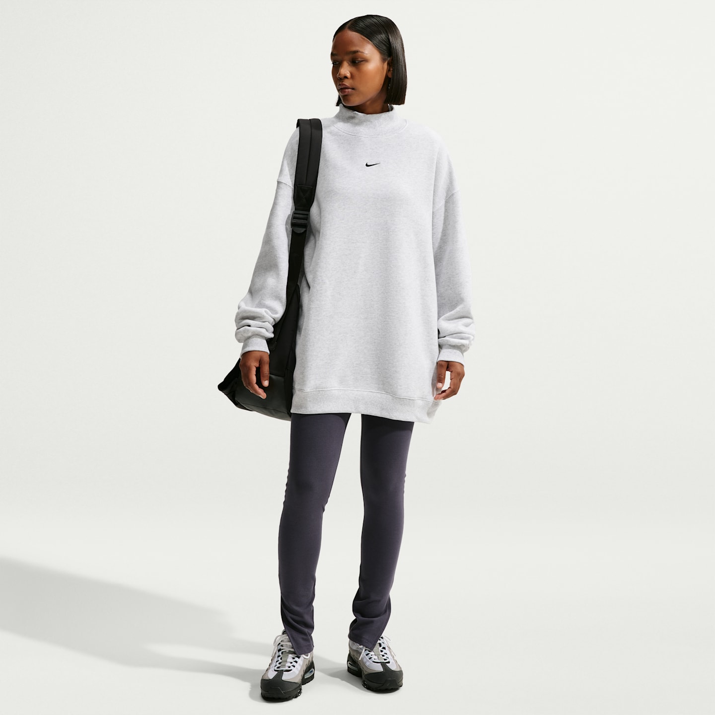 Женский свитшот Nike Studio Fleece Medium Weight оверсайз с воротником-стойкой, цвет: Берёзовый меланжевый / Чёрный — фото 4