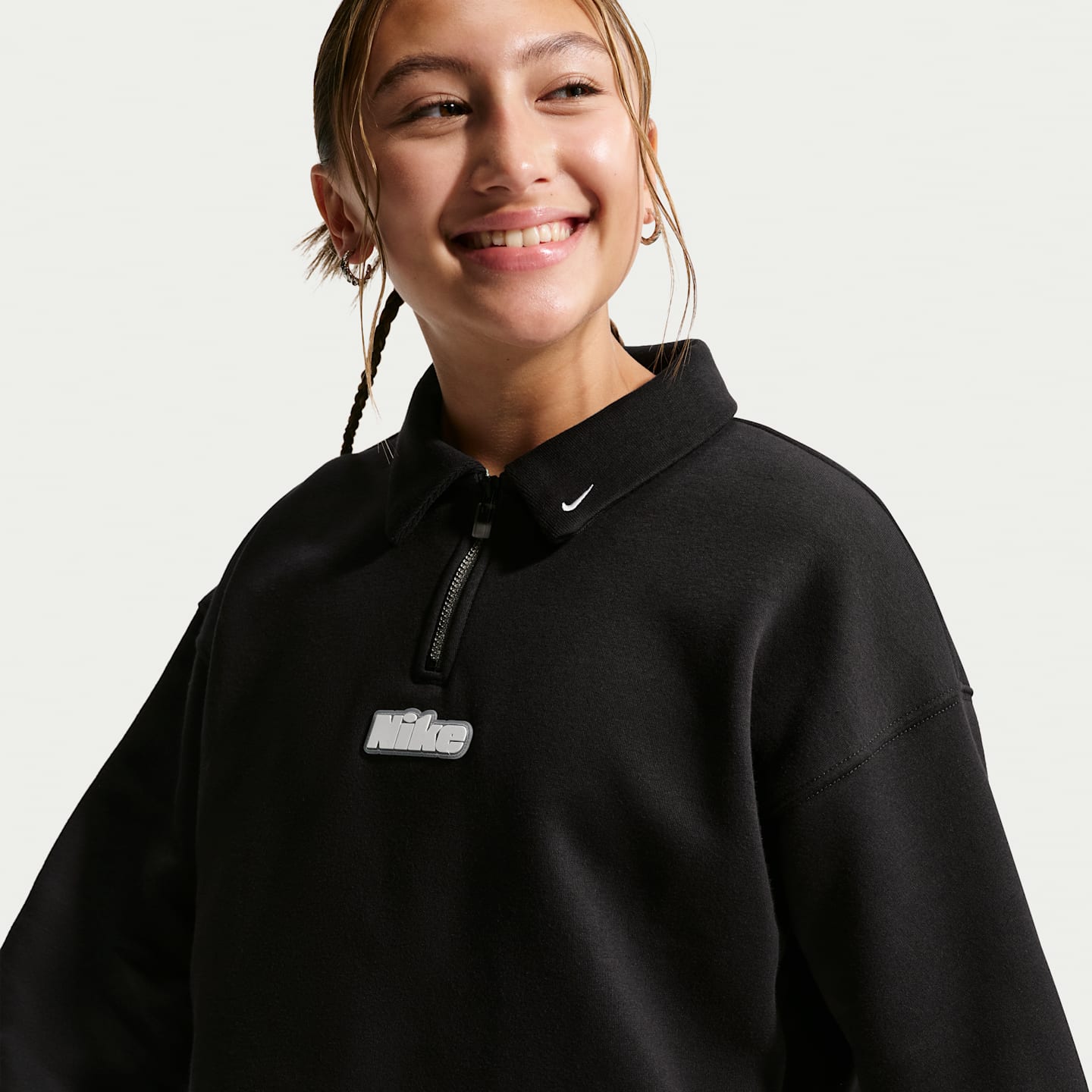 Толстовки Nike Sportswear Studio Fleece Quarter-Zip Top для девочек, цвет: Чёрный / Белый — фото 1