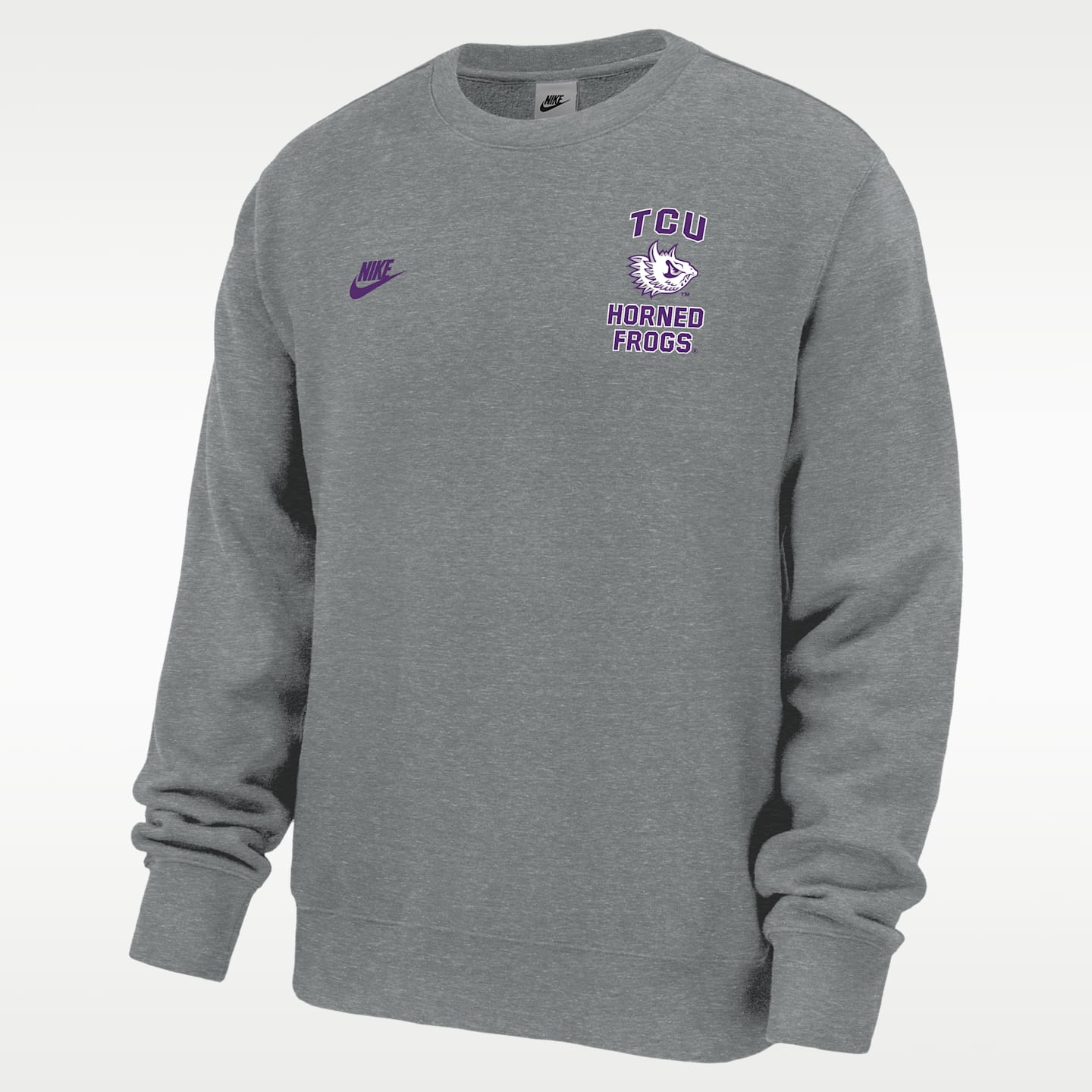 Мужская толстовка Nike TCU Horned Frogs Club Football Fleece Crew-Neck, цвет: Тёмный серый меланжевый — фото 1